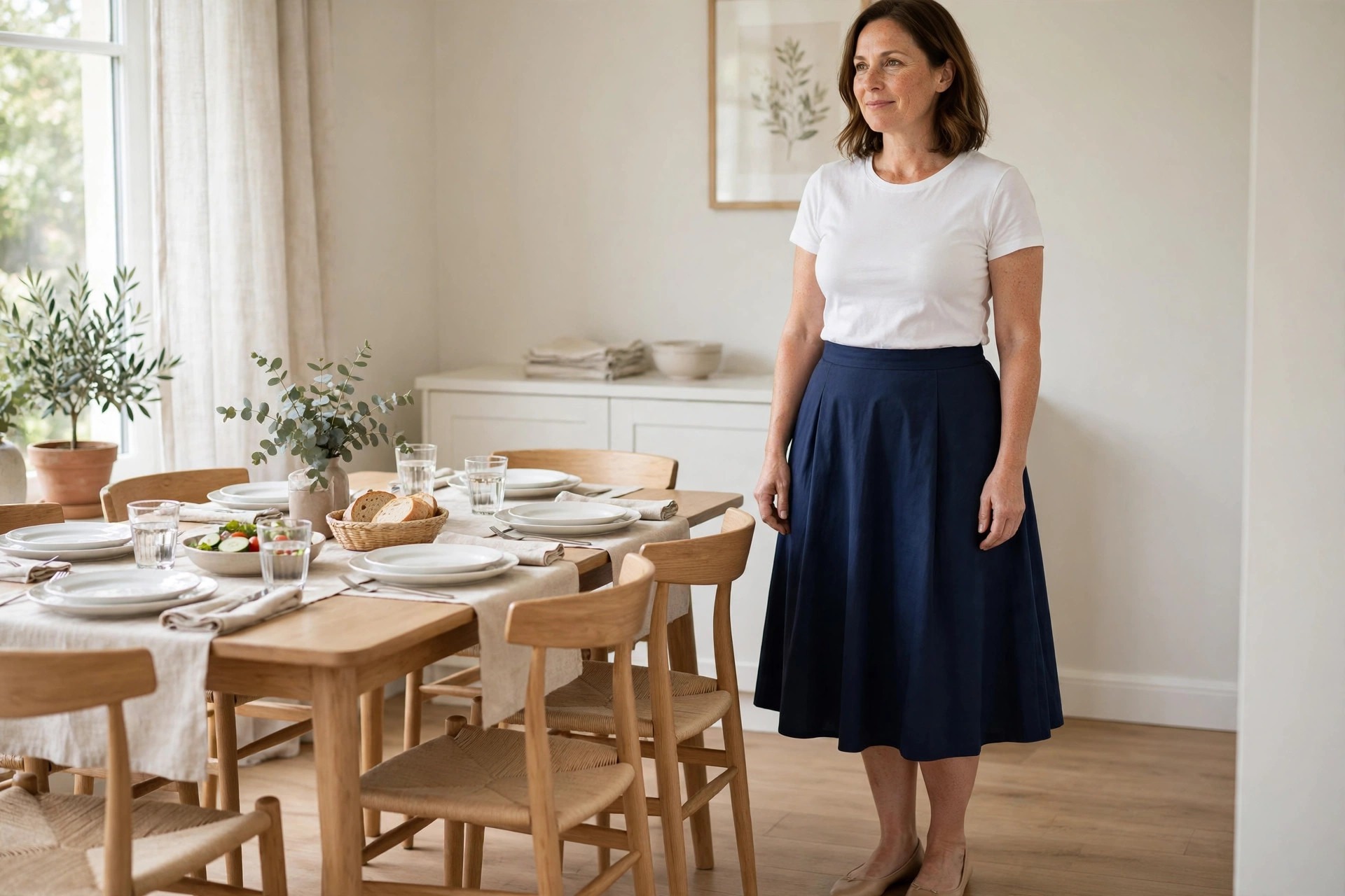 Woman with a pear shape wearing a white boatneck top tucked into a navy A-line midi skirt