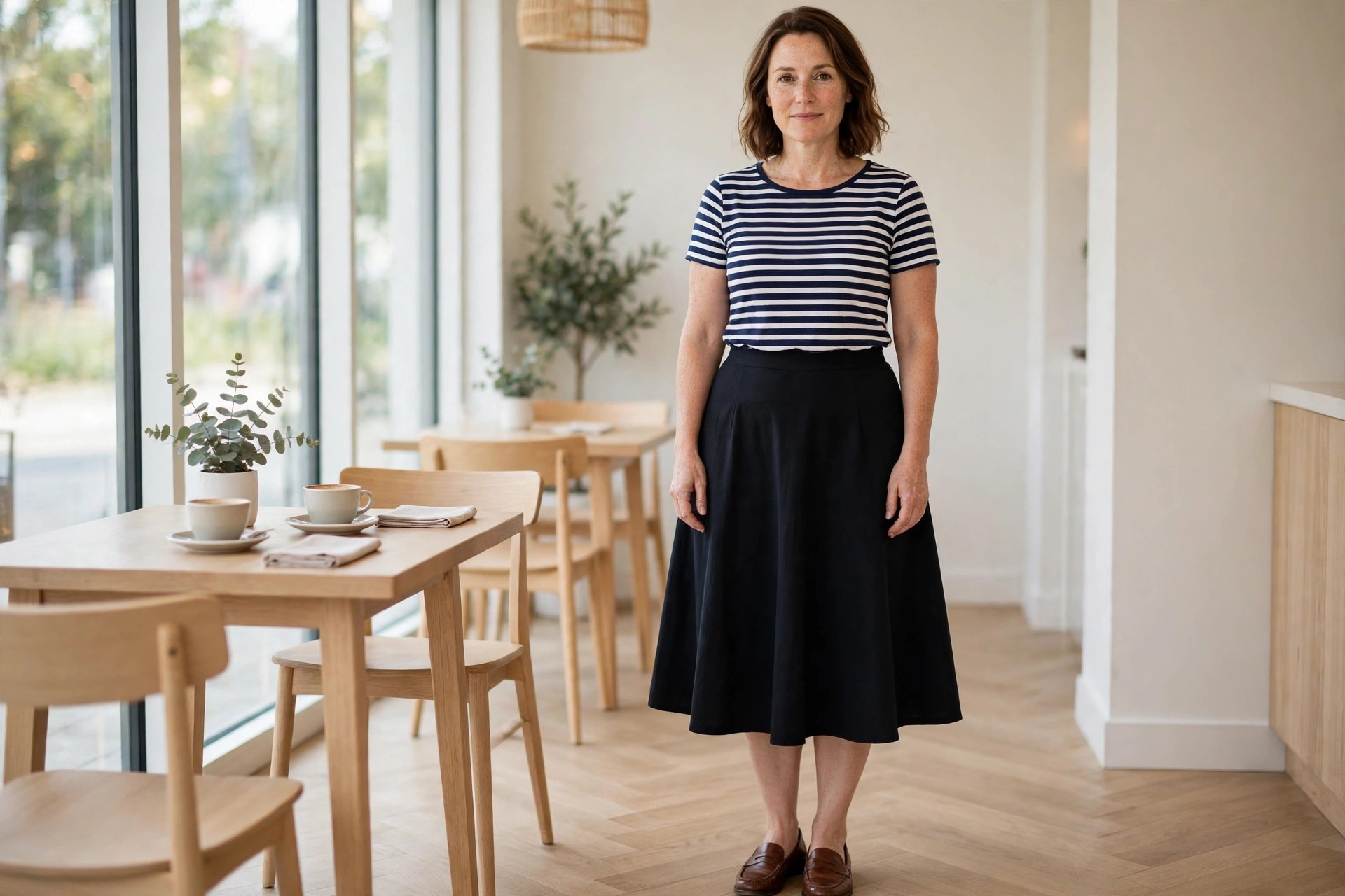 Woman with a pear shape in a striped top with a black A-line midi skirt and brown loafers in a cafe