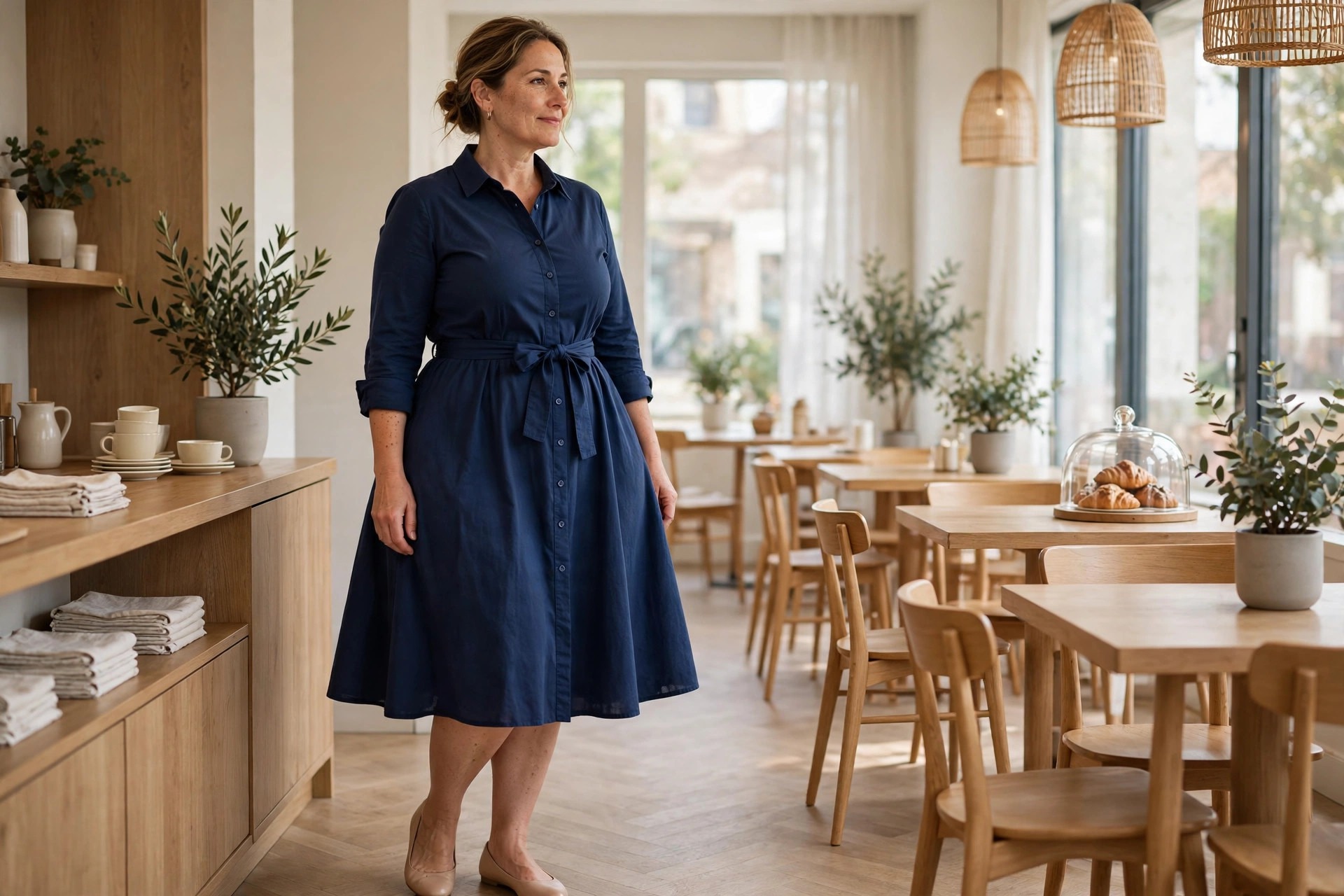 Woman with a pear shape in a navy belted A-line shirt dress with nude ballet flats in a cafe