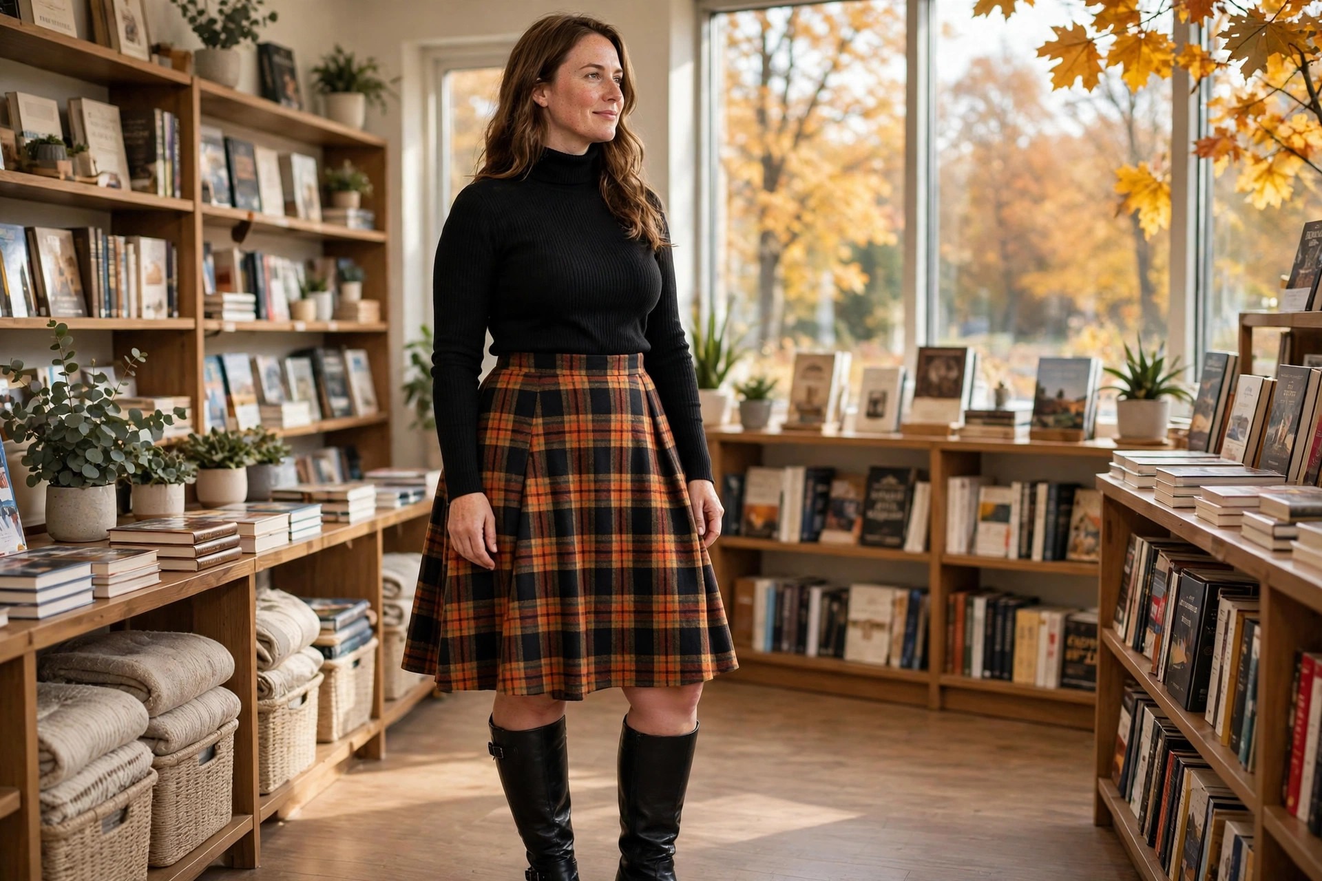 Woman with a pear shape in a black turtleneck with a plaid A-line skirt and black knee boots in a bookshop