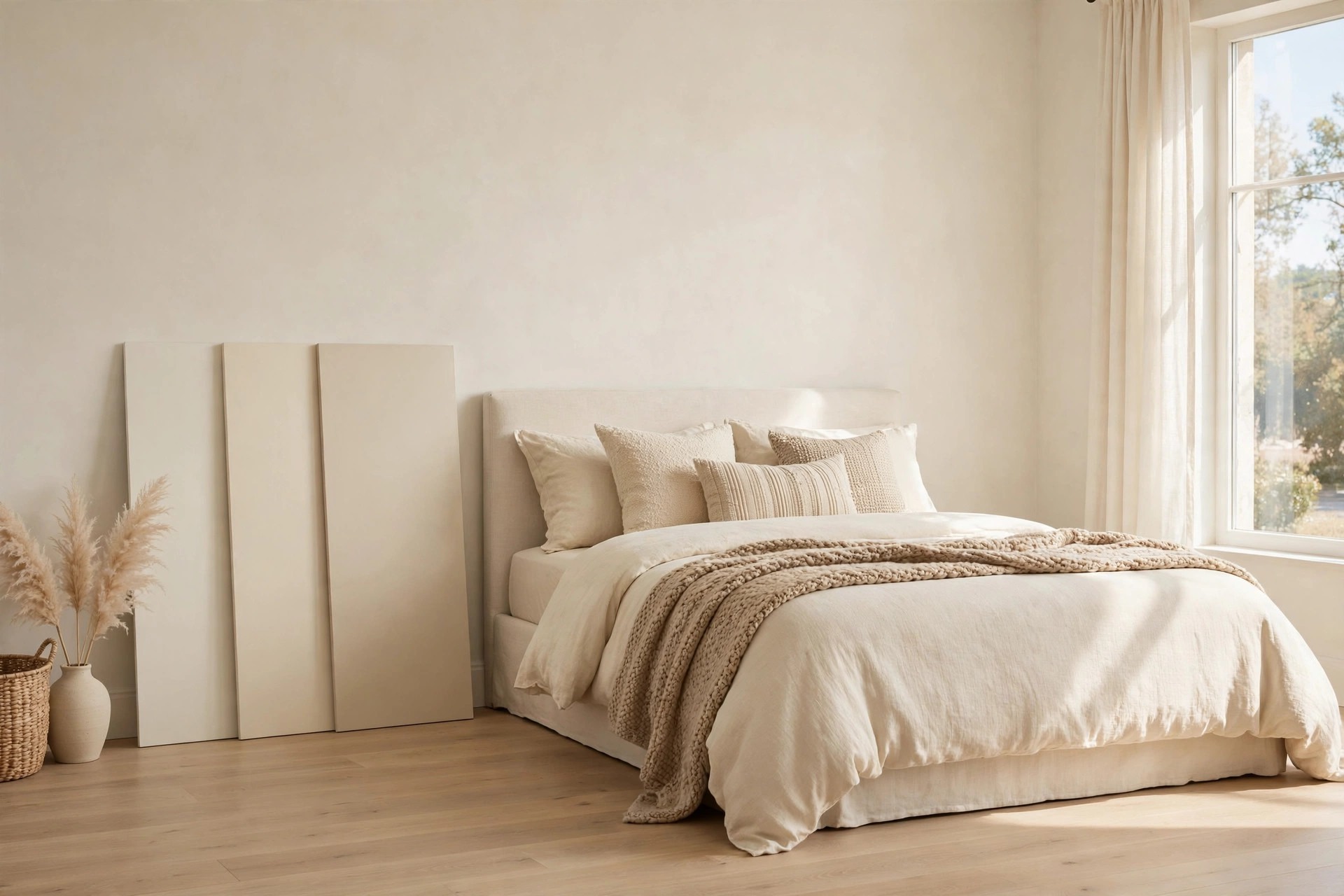 Three cream paint sample boards in light, mid and deep cream leaning against the wall beside a cream bed with a deeper knit throw