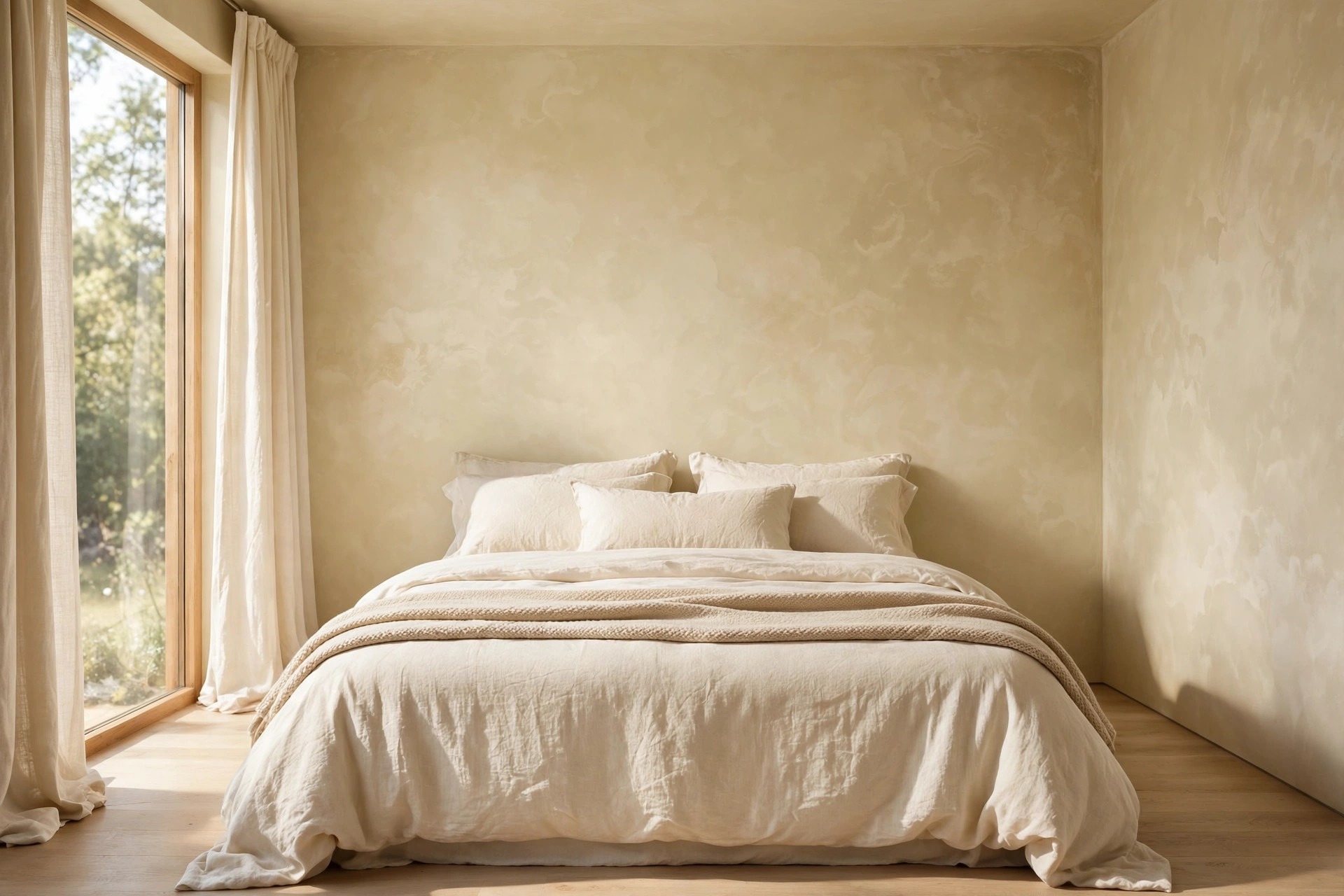 Cream bedroom with cloudy limewash plaster walls and cream linen bedding beside a tall window