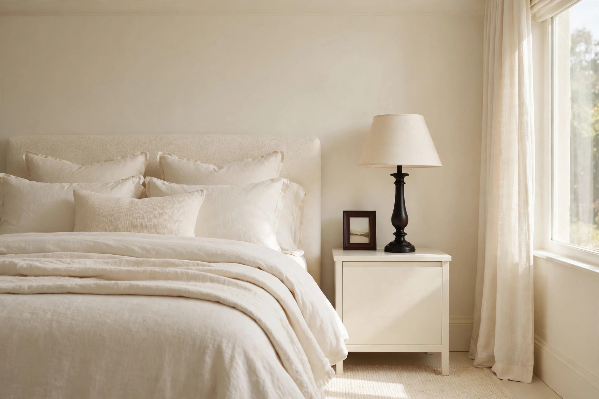 Cream nightstand holding one small dark brown frame and a dark base lamp beside layered cream bedding