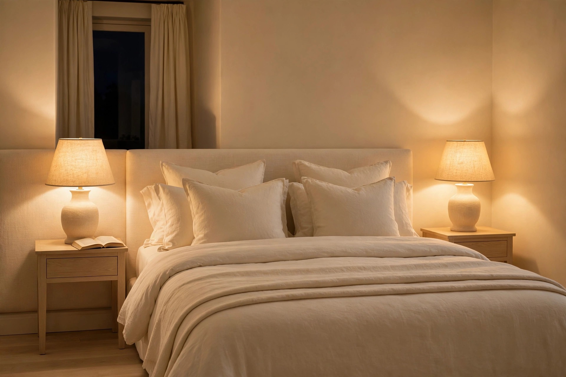 All-cream bedroom at night with two warm linen shade lamps at matching heights and an open book on a nightstand