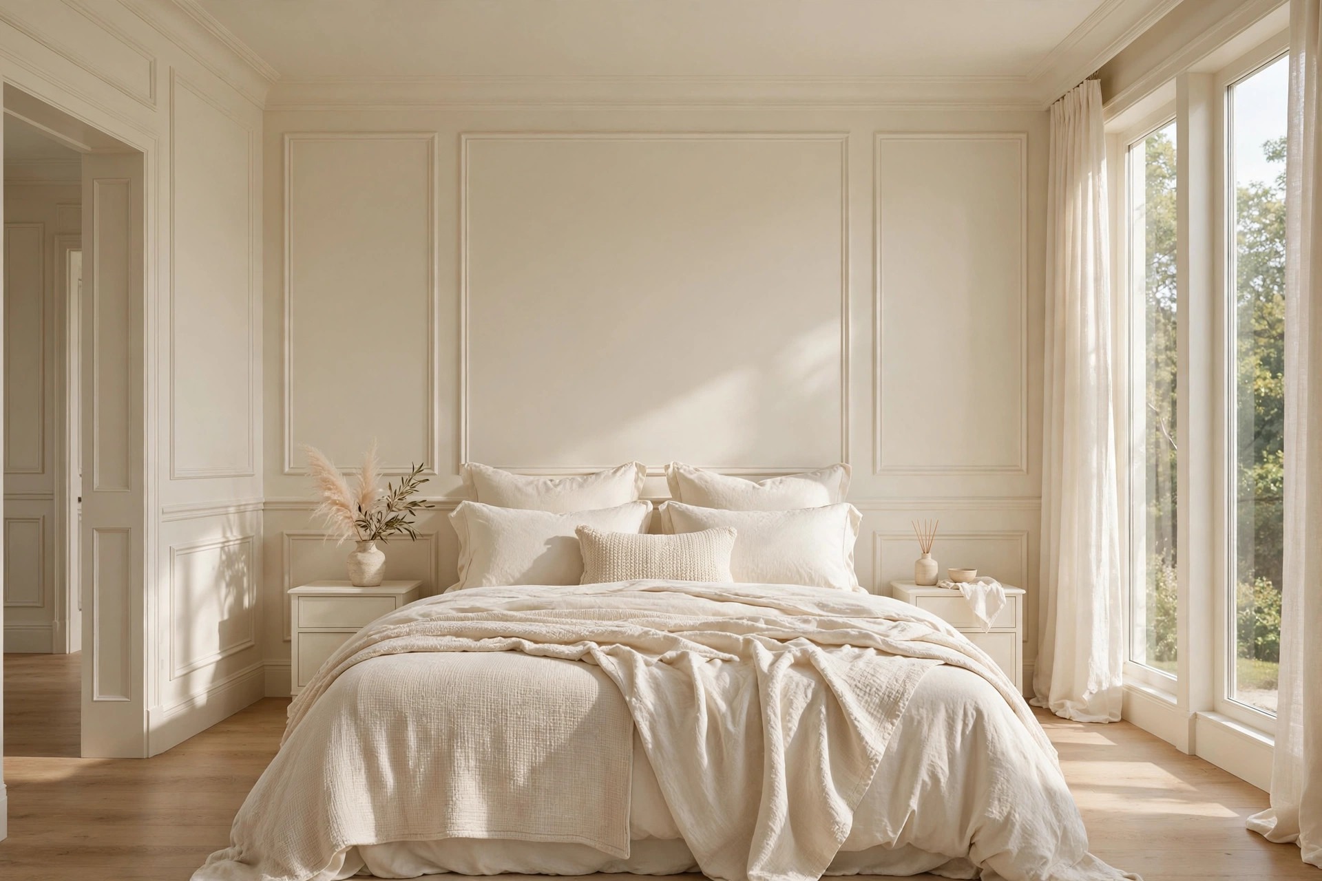 Cream bedroom with panel molding painted the same cream as the walls and ceiling behind the bed