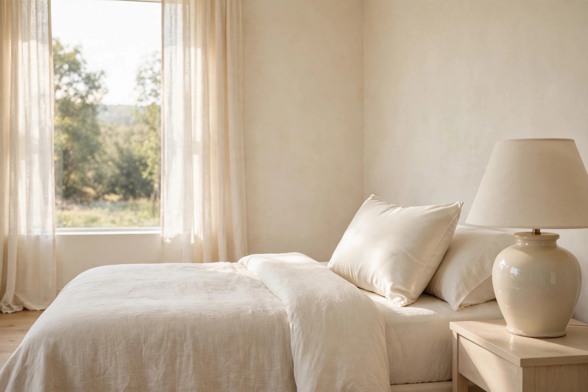 Cream bed with a satin sheen cushion and a glazed ceramic lamp against matte cream walls