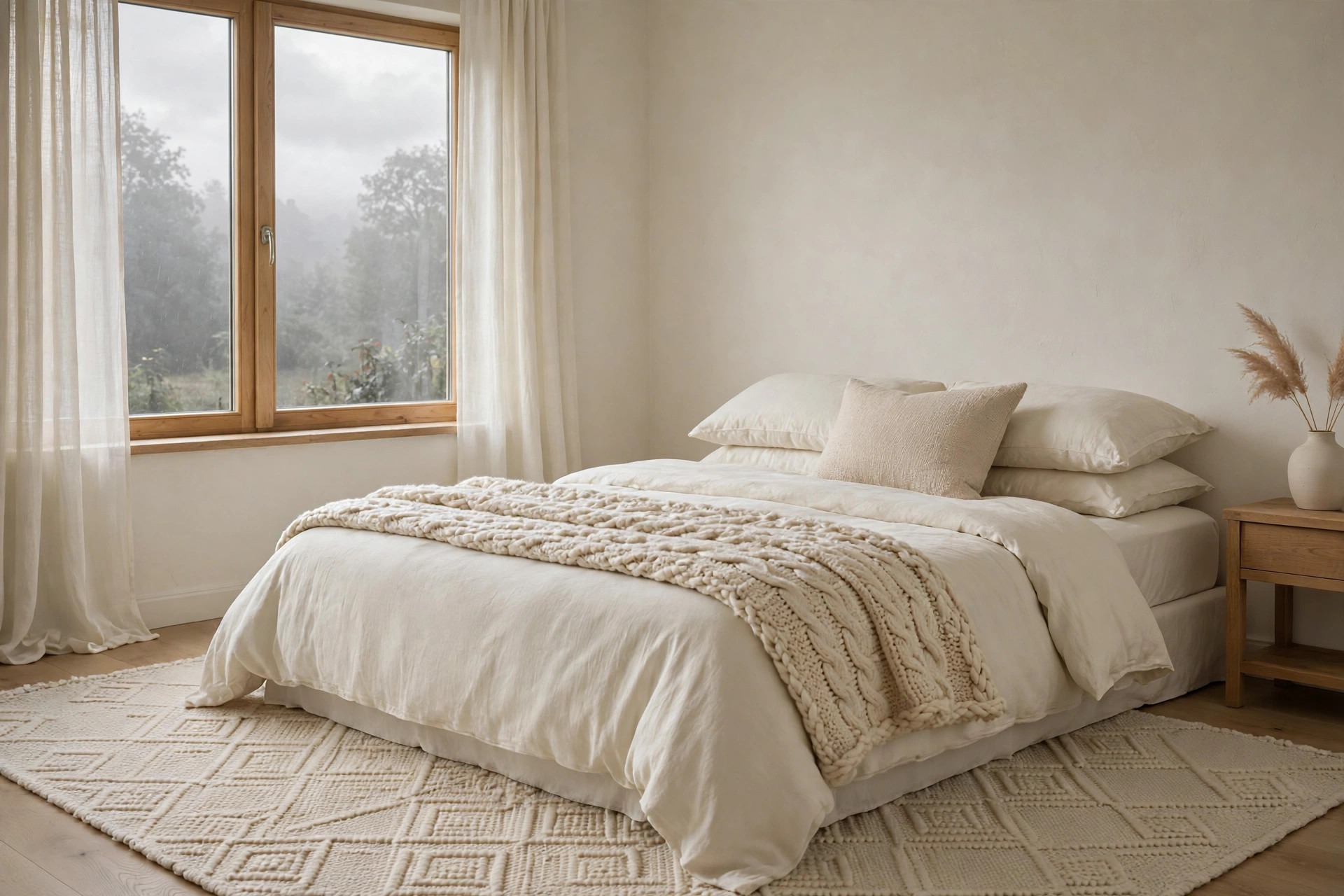 Cream bedroom on a gray morning with the deepest cream in the cable knit throw, one cushion and the geometric patterned rug