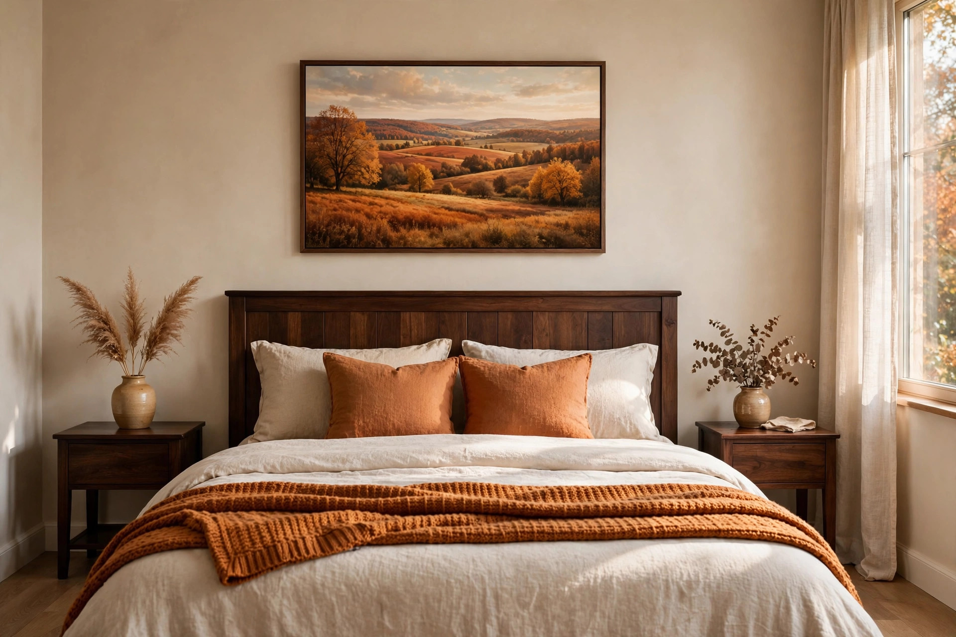 Wide framed print of rolling hills in rust and gold above a dark wood headboard