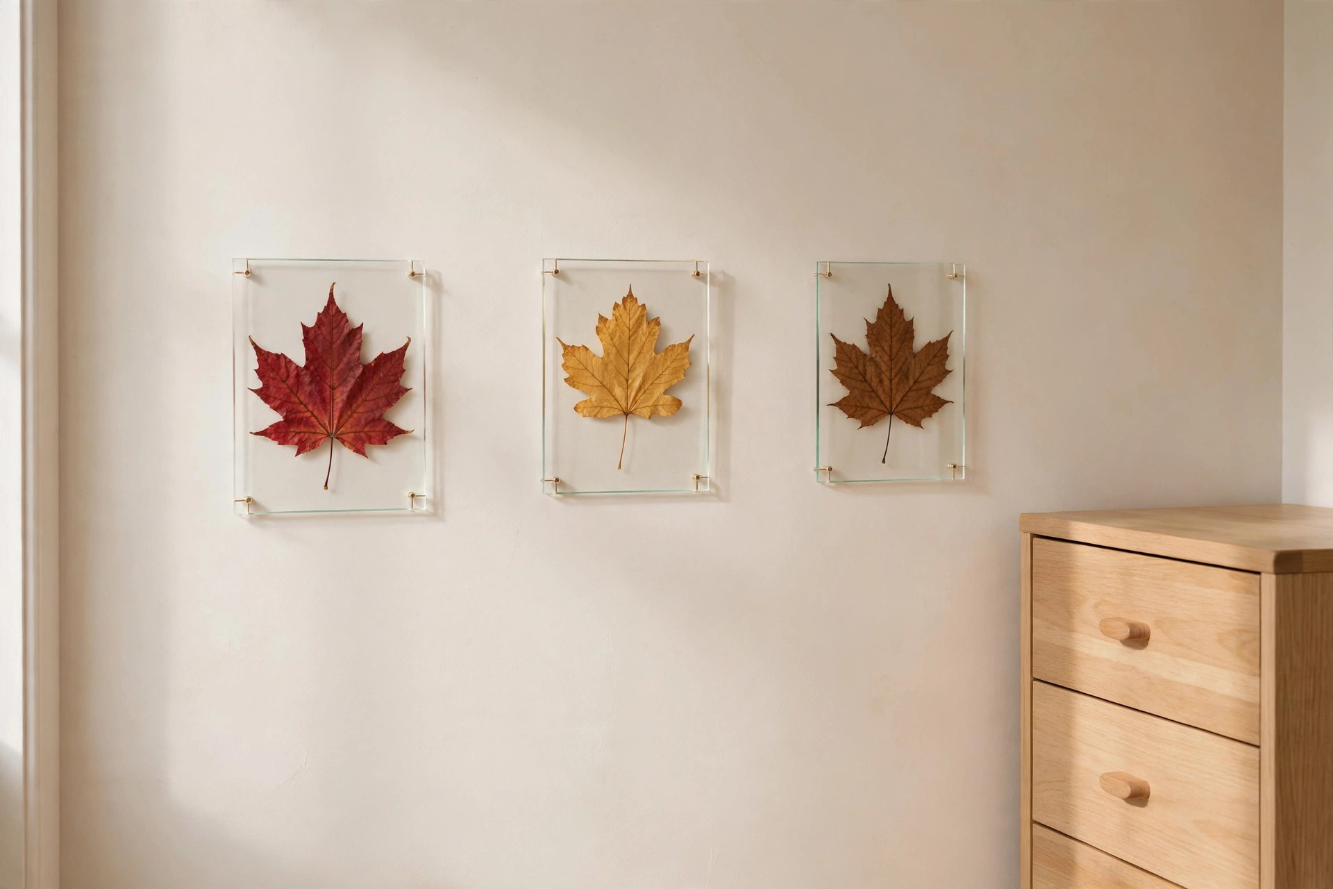 Three clear glass frames on a bedroom wall, each holding one pressed maple leaf in red, gold, and brown