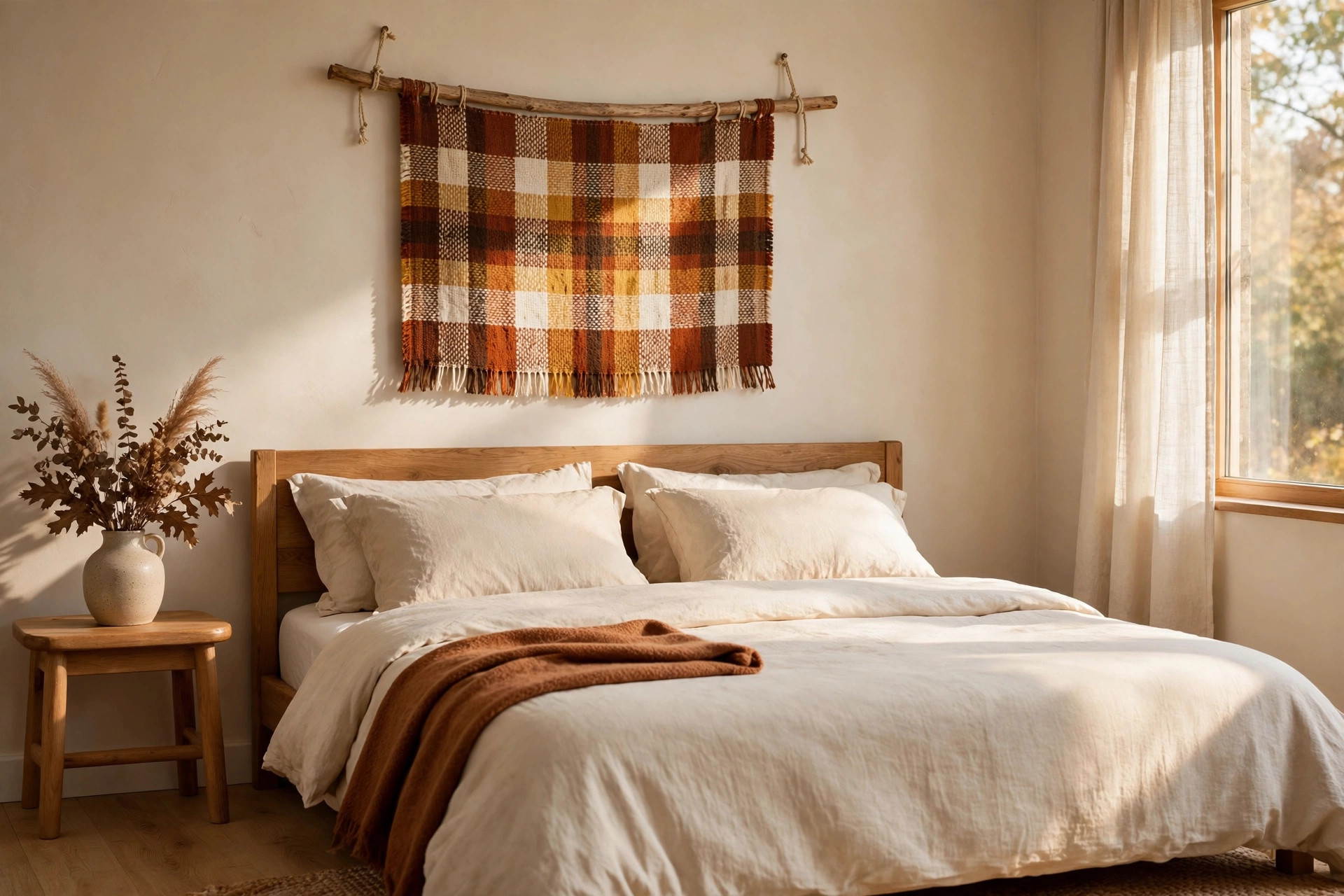 Woven plaid hanging in rust, mustard, and cream on a wood branch above a bed with white bedding