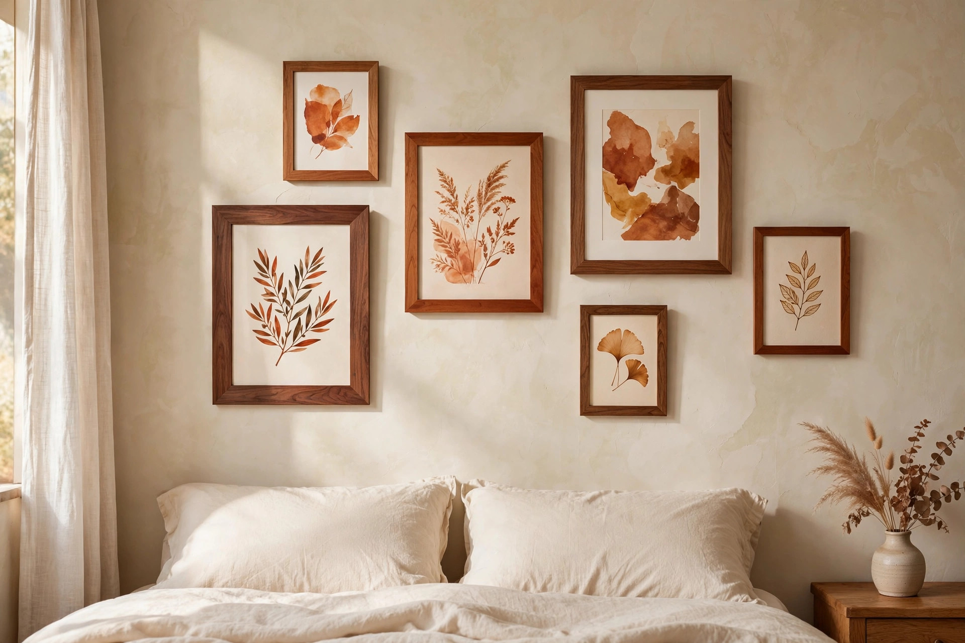 Six botanical and abstract prints in walnut and cherry wood frames arranged above a bed