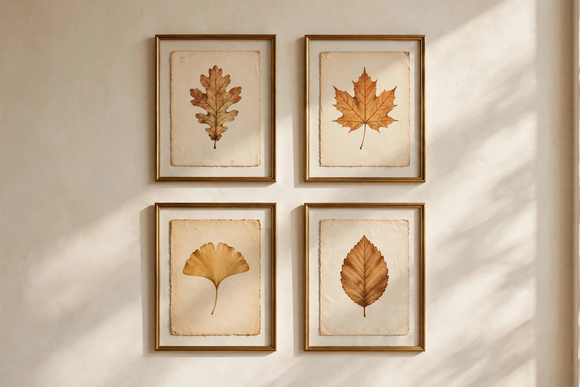 Four framed leaf prints on aged cream paper in a two by two grid on a bedroom wall