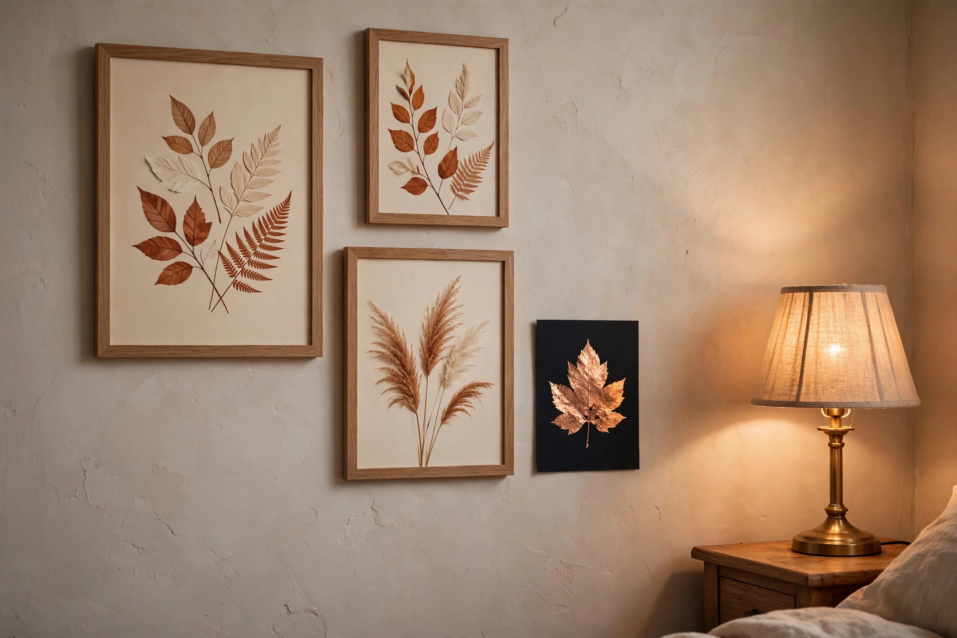 Three matte leaf prints in wood frames beside one small copper foil maple leaf print on black paper, next to a lit bedside lamp