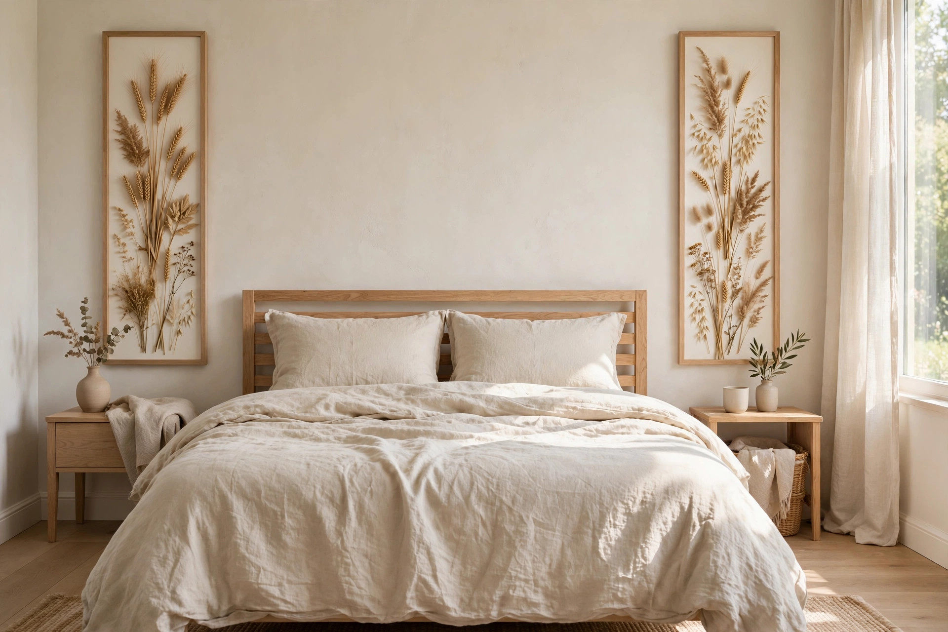 Two tall narrow framed panels of wheat and dried grasses in gold and tan on either side of a bed with linen bedding