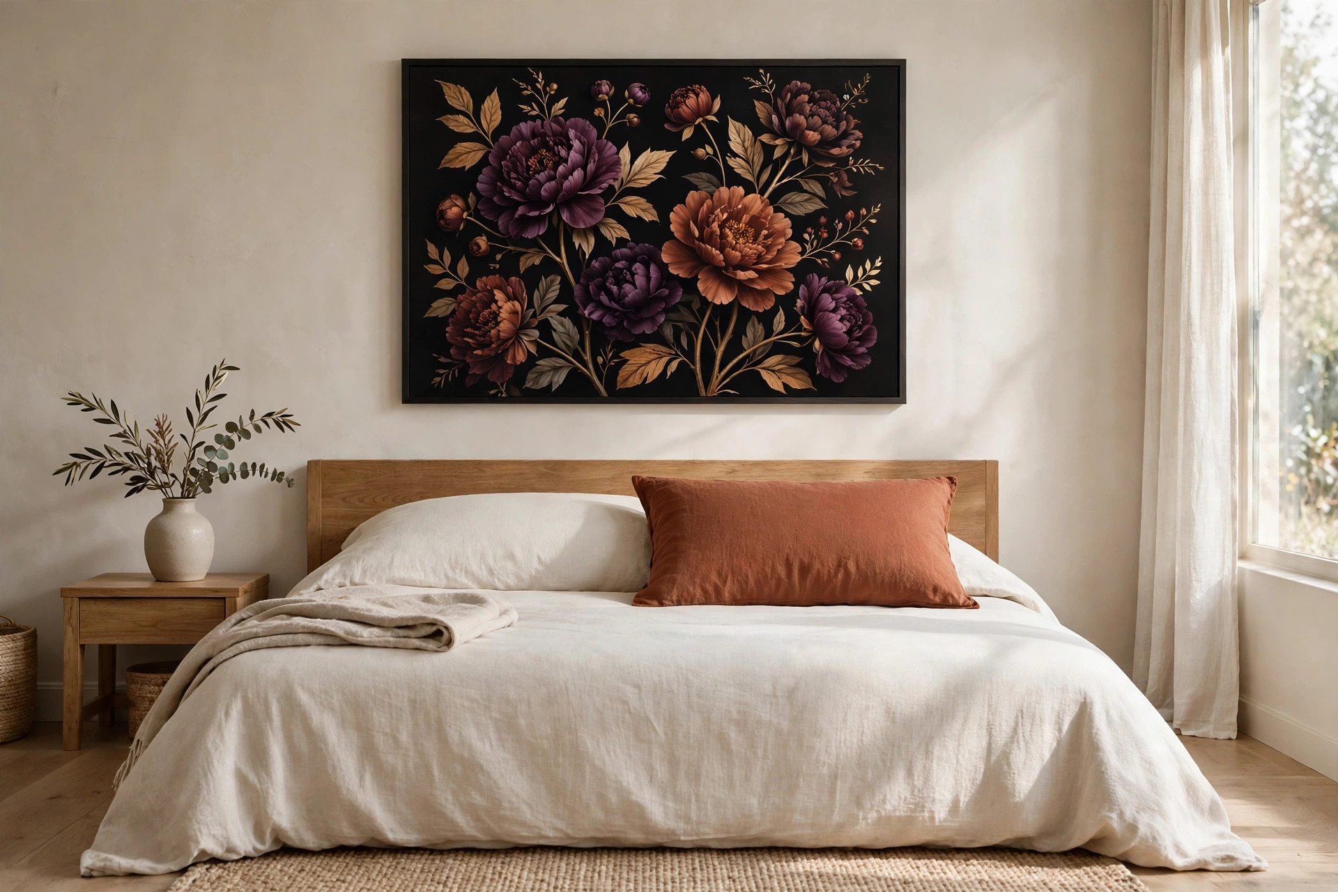 Large framed floral print with plum and russet blooms on a black background above a bed with a rust pillow