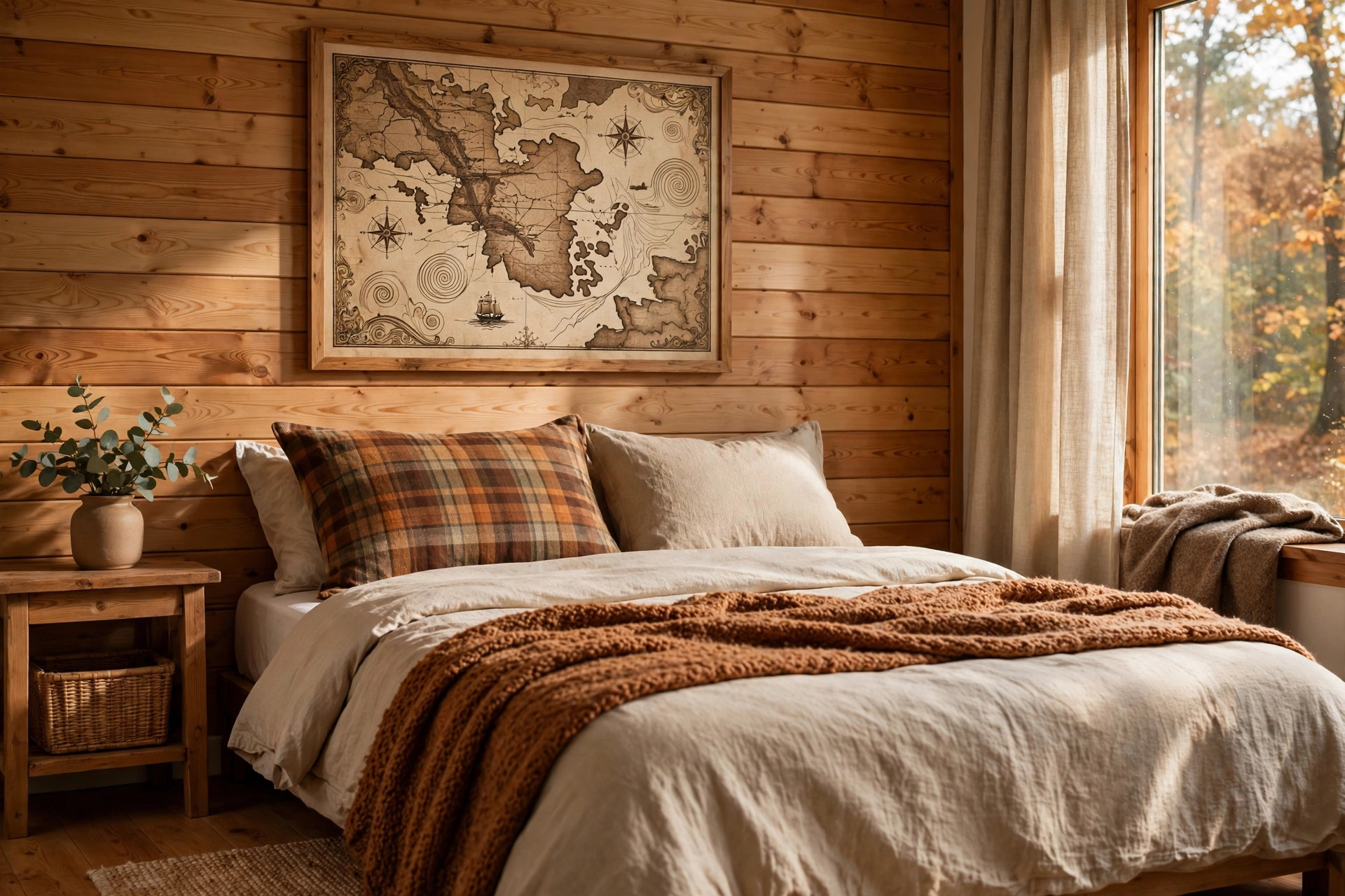 Framed sepia map print on a wood plank cabin wall above a bed with a plaid pillow and brown knit throw