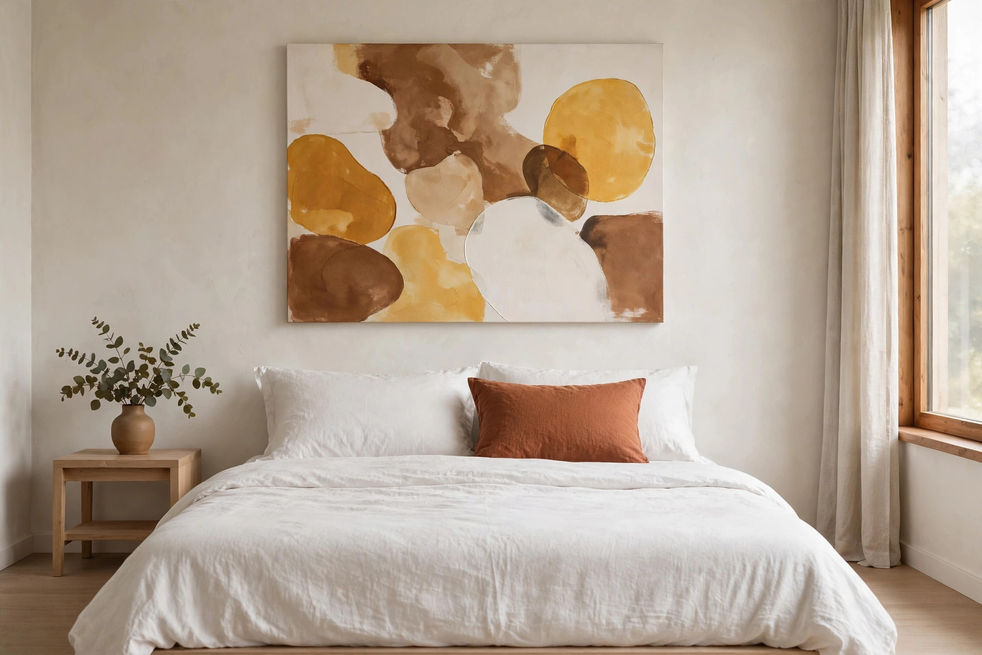 Large abstract canvas in ochre, mustard, and brown soft shapes above a bed with white bedding and a rust pillow