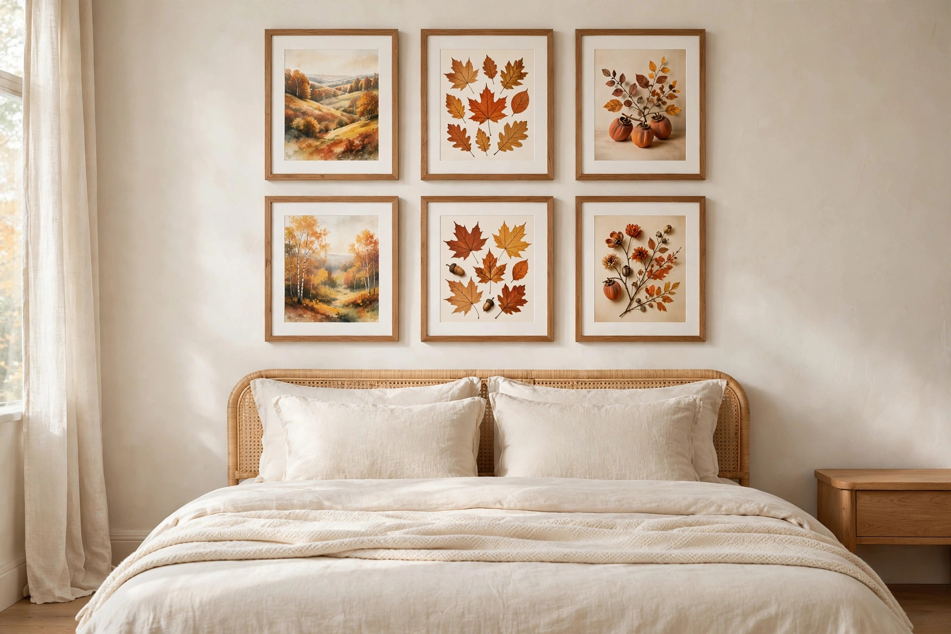Six matching wood frames with autumn landscapes, leaves, and still life prints in a grid above a rattan headboard