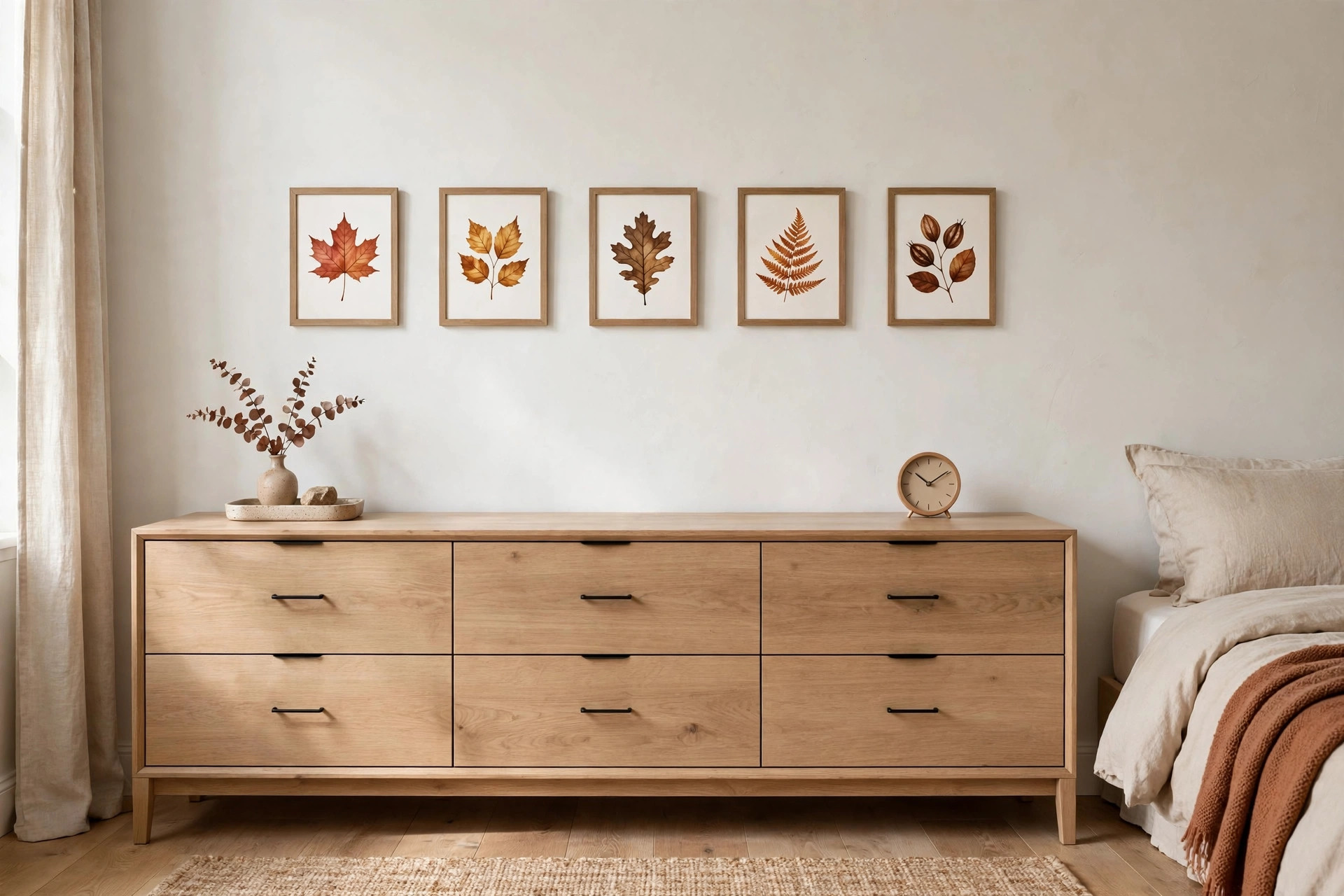 Row of five small framed leaf prints in rust and gold above a long light wood dresser with a tray and a small clock