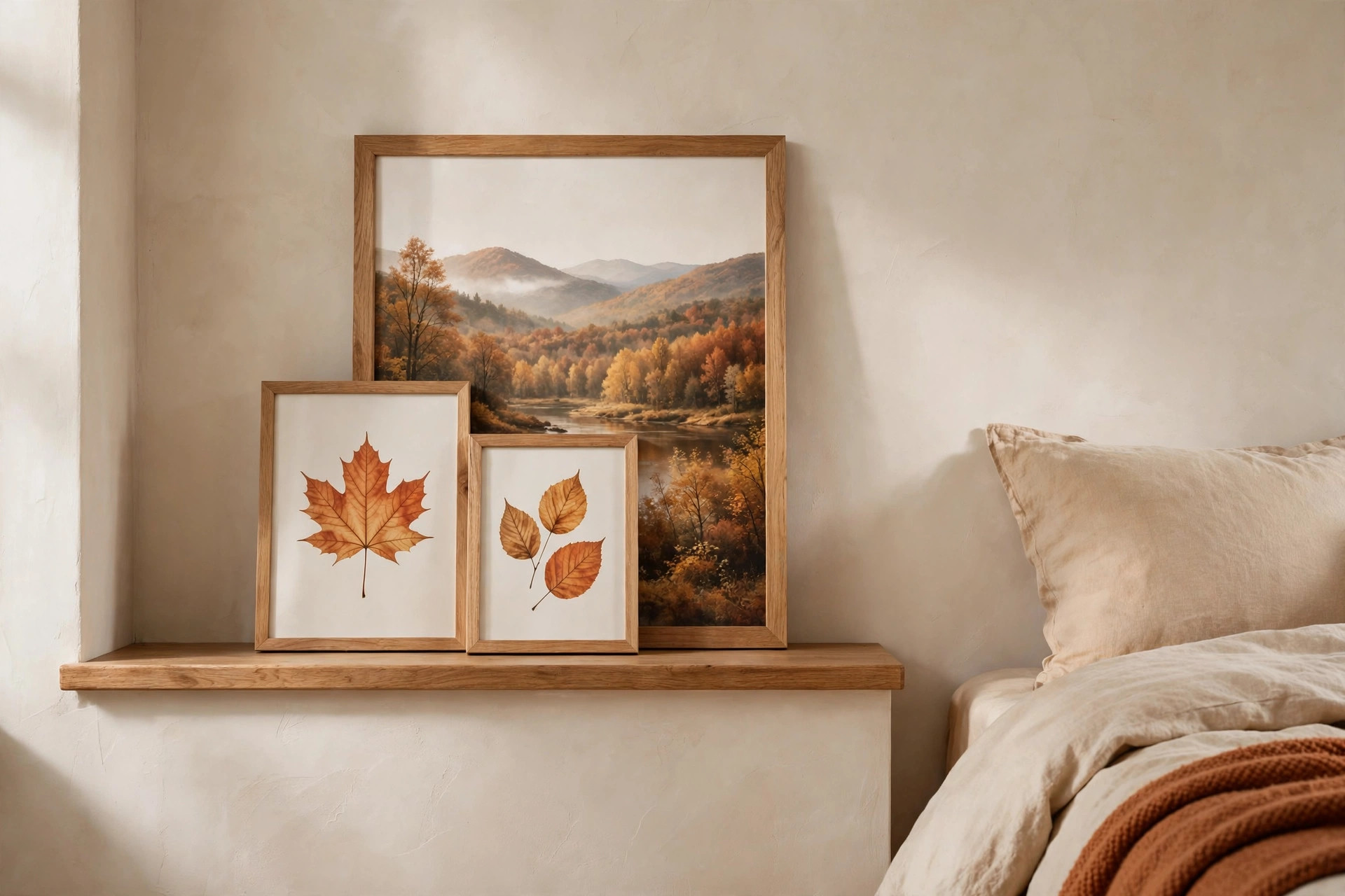 Wood picture ledge beside a bed holding a large autumn landscape frame with two smaller leaf prints leaning in front