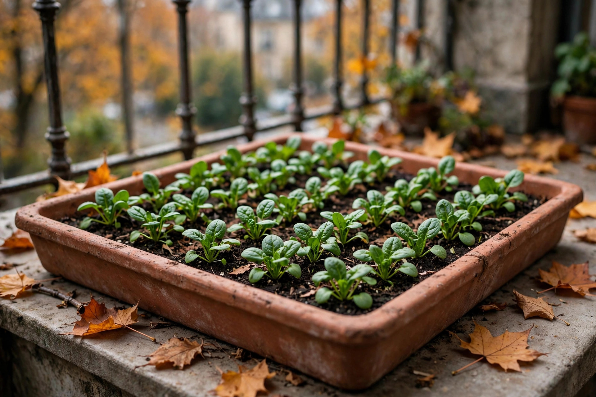 Short rows of young spinach plants with deep green leaves in a wide terracotta tray on an autumn balcony