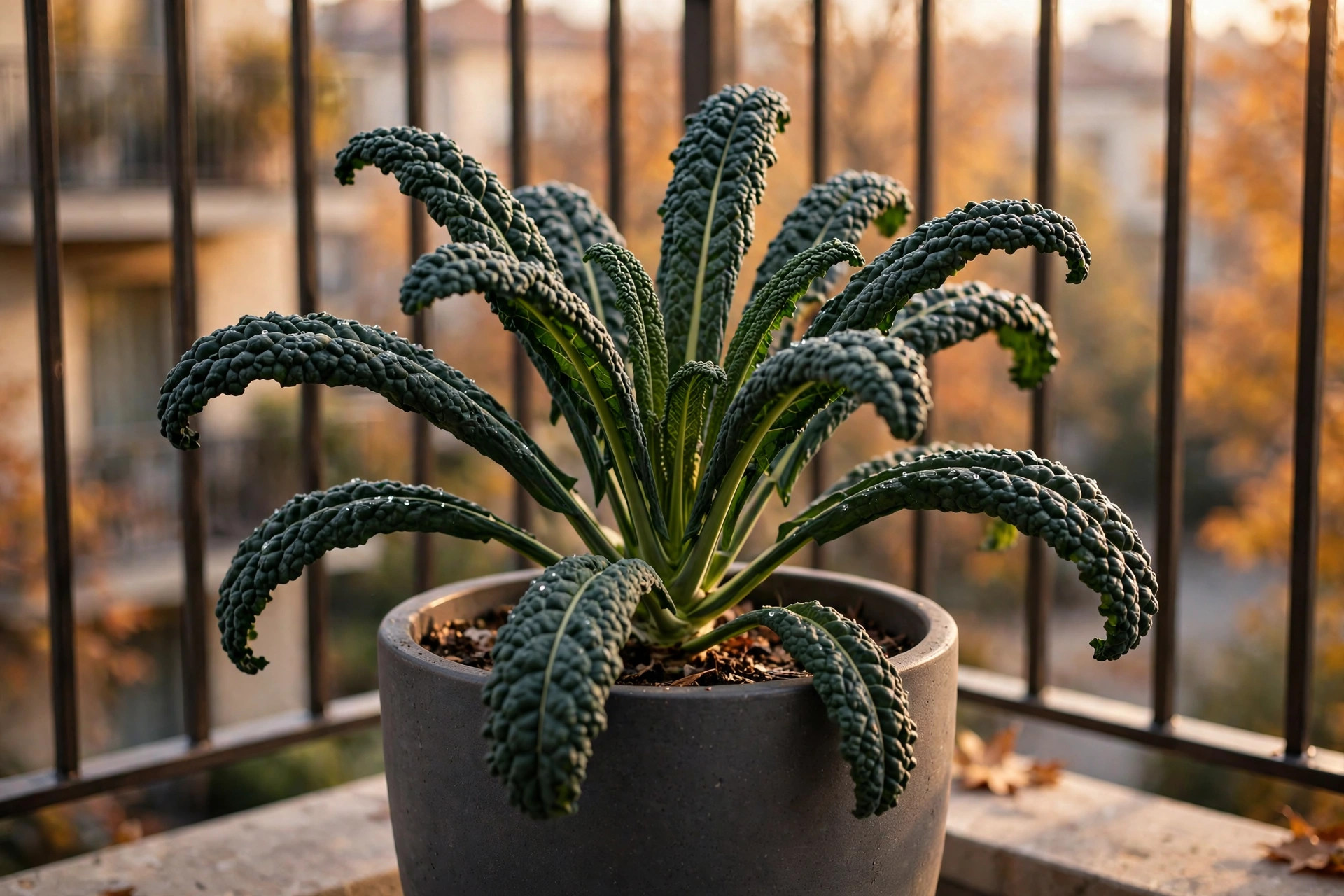A Lacinato kale plant with dark crinkled leaves in a deep grey pot on a balcony in warm autumn light
