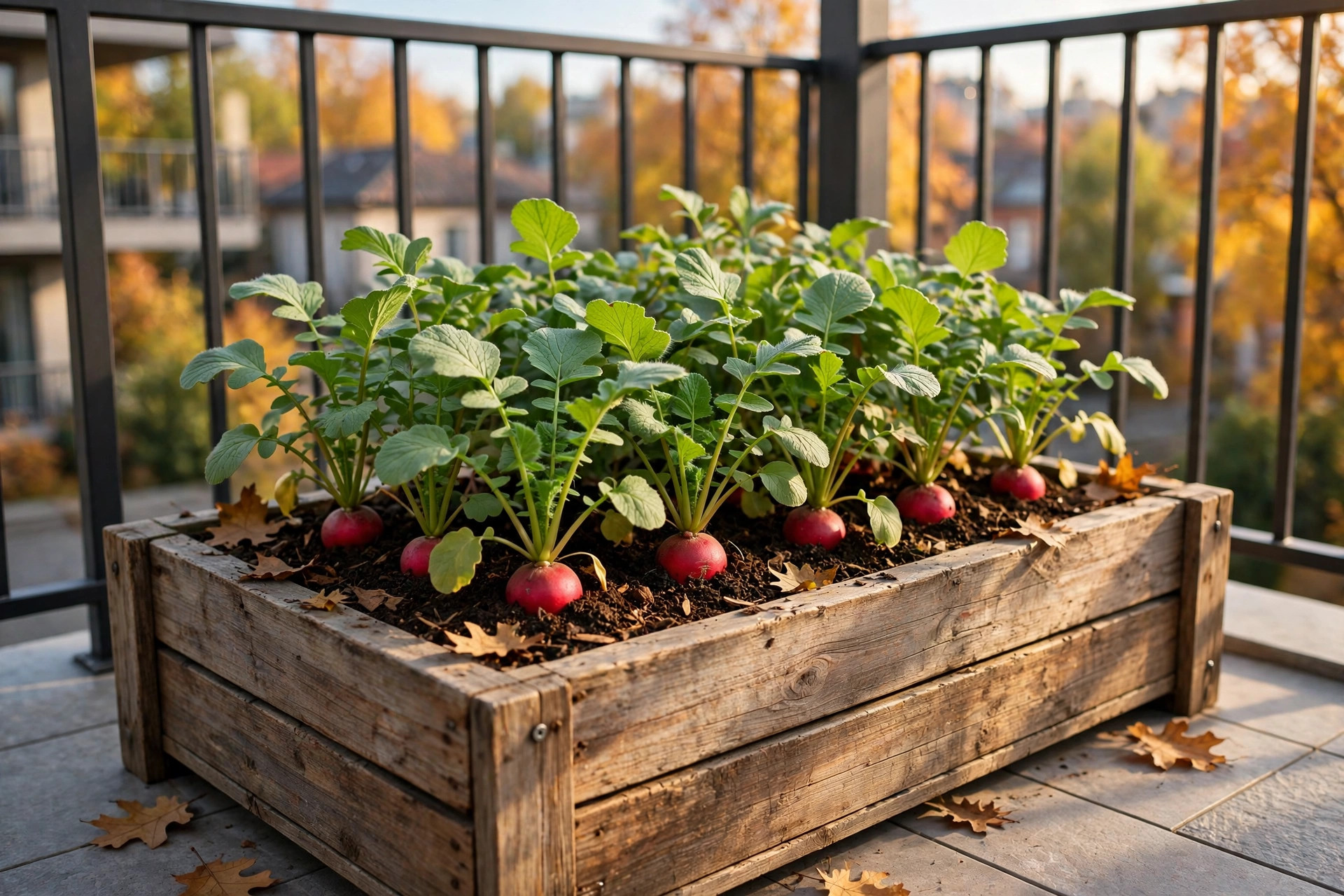 A wooden box of radish plants with red roots showing at the soil line on a balcony in autumn sun