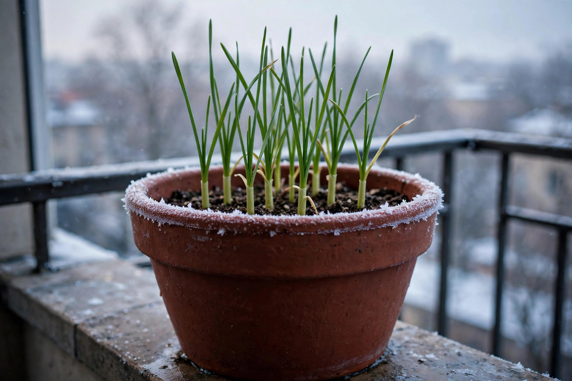 Green garlic shoots standing in a deep terracotta pot on a balcony in winter light with frost on the rim