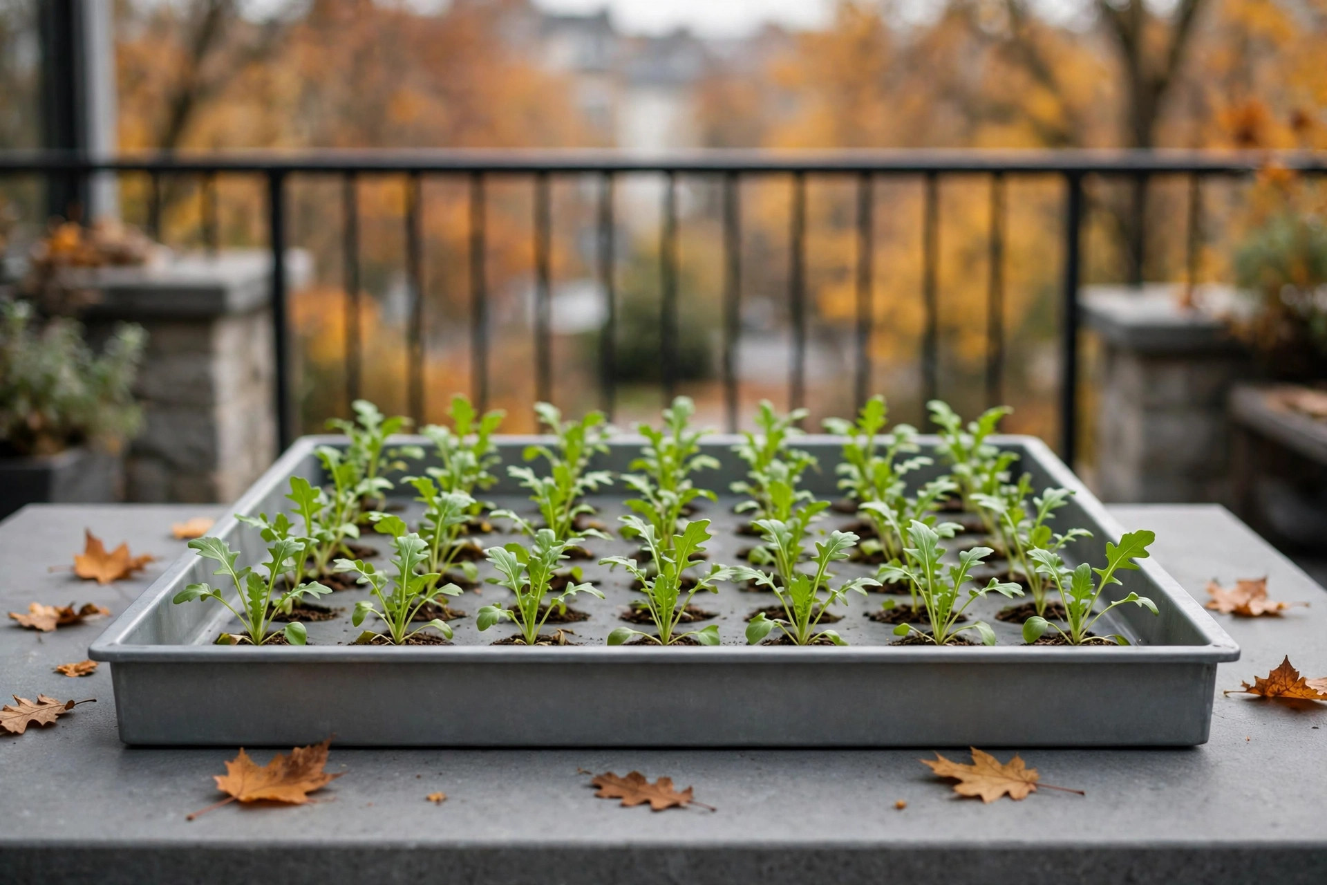 A wide shallow grey tray of young arugula plants with small lobed leaves in rows on an autumn balcony