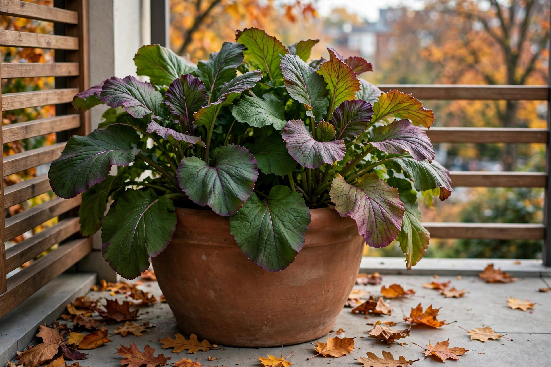 Mustard green plants with broad deep green leaves tinged purple-red in a large terracotta pot on an autumn balcony