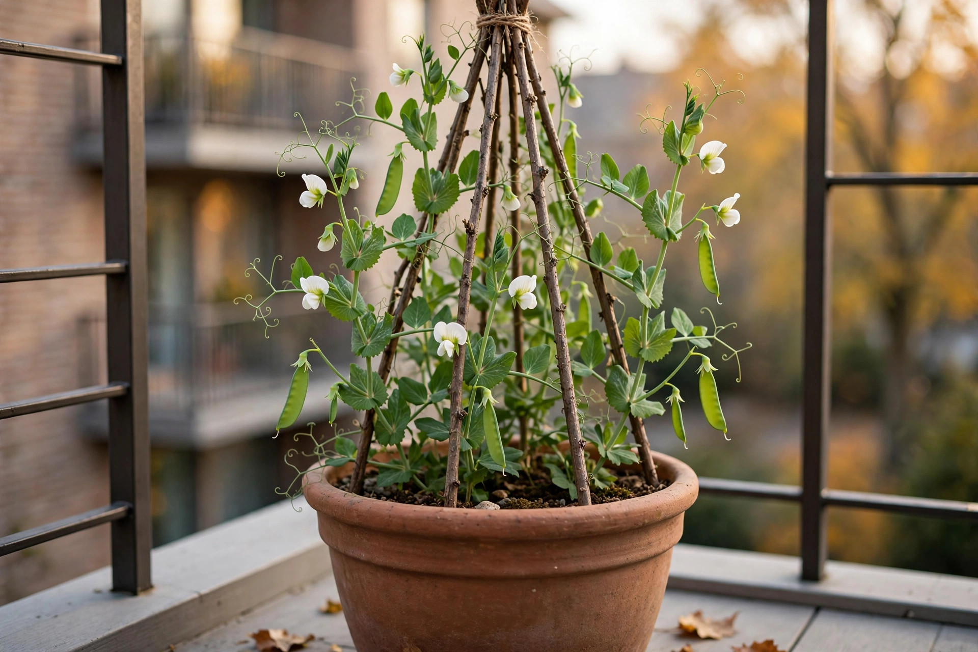Sugar snap pea vines with white flowers and young flat pods climbing twiggy sticks in a terracotta pot in soft autumn light