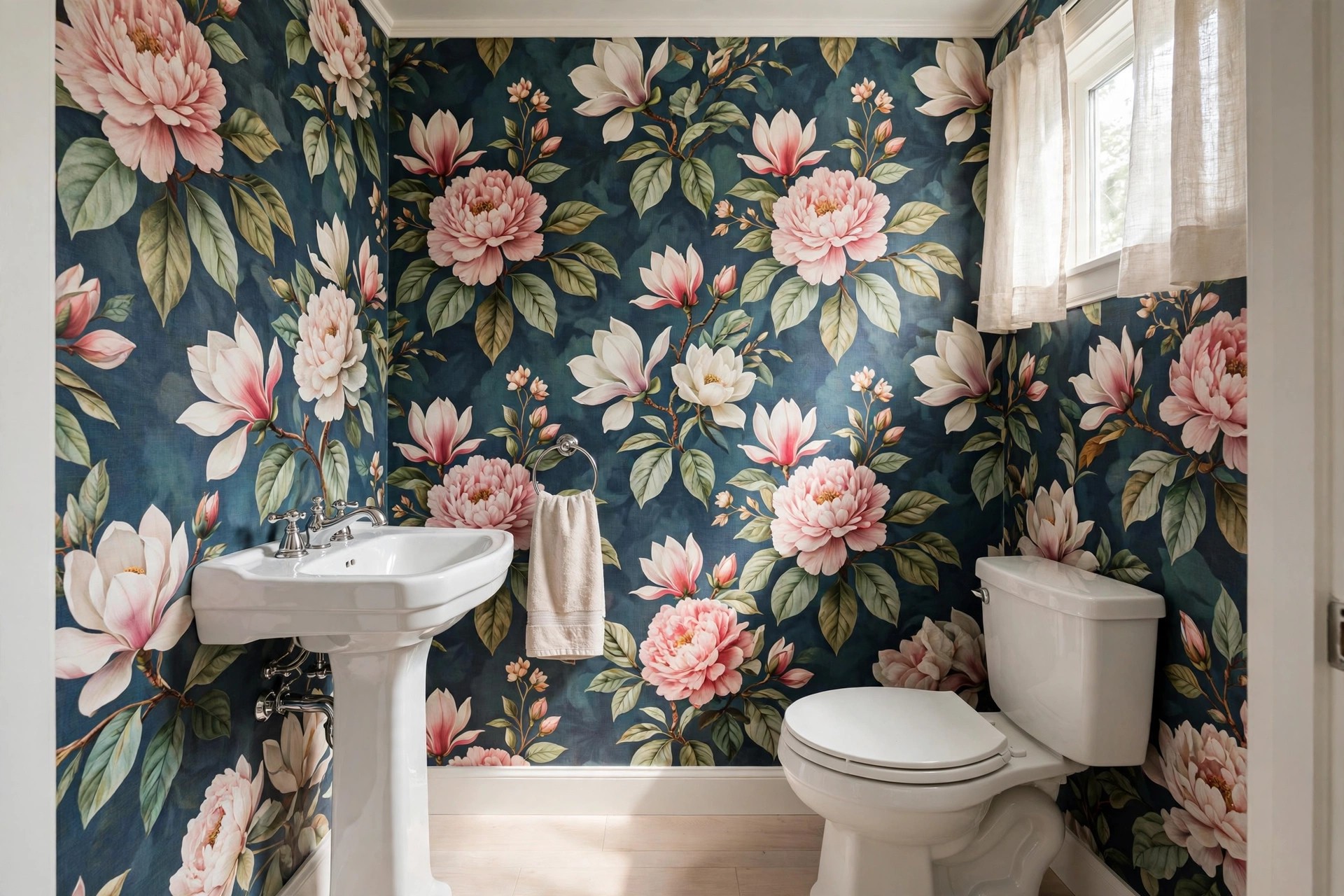 Half bath wrapped in large pink and white floral wallpaper on a deep blue ground with a white pedestal sink and toilet