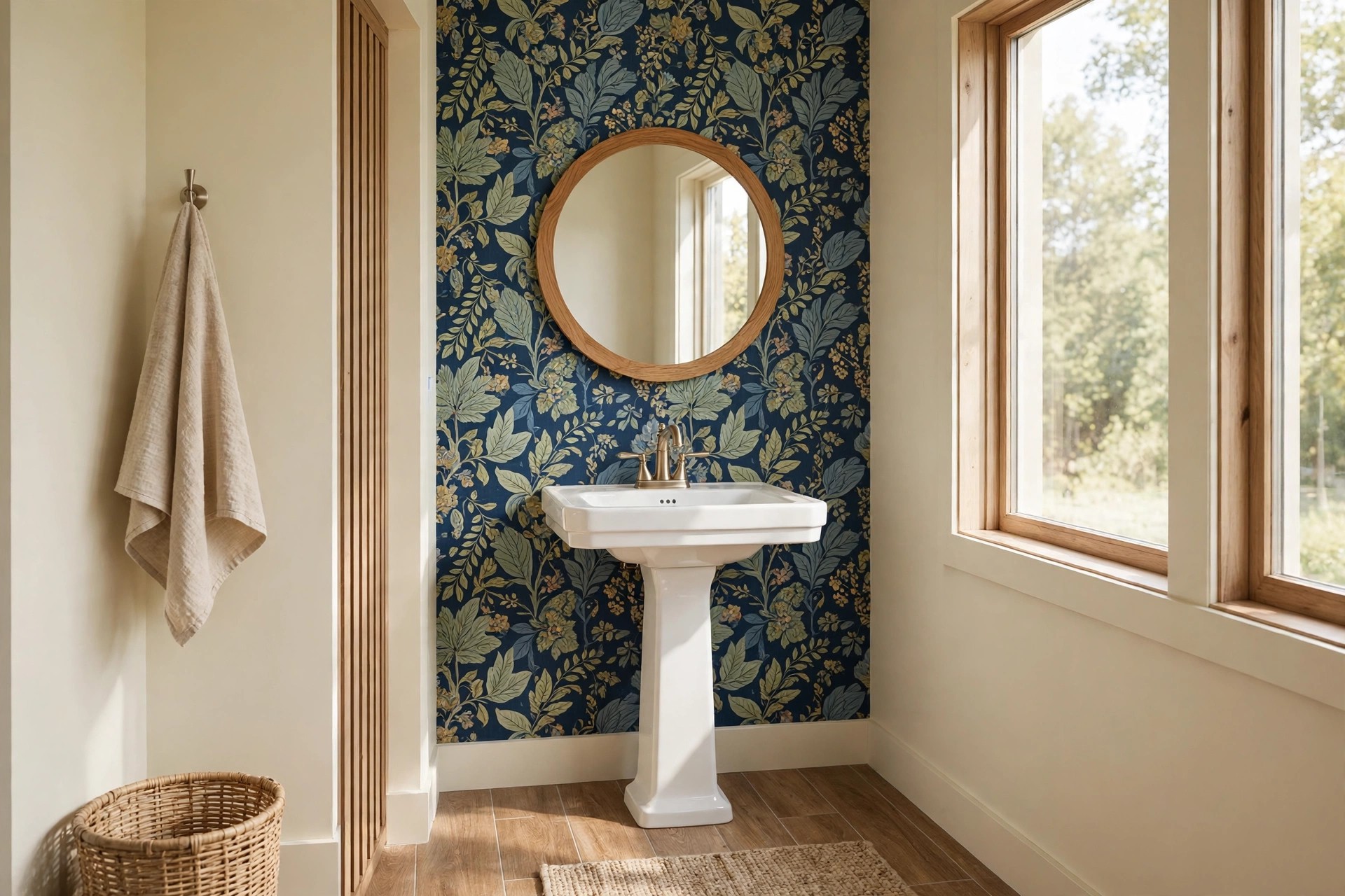 Half bath with dark blue leaf wallpaper on the sink wall only, a round wood framed mirror and cream painted side walls