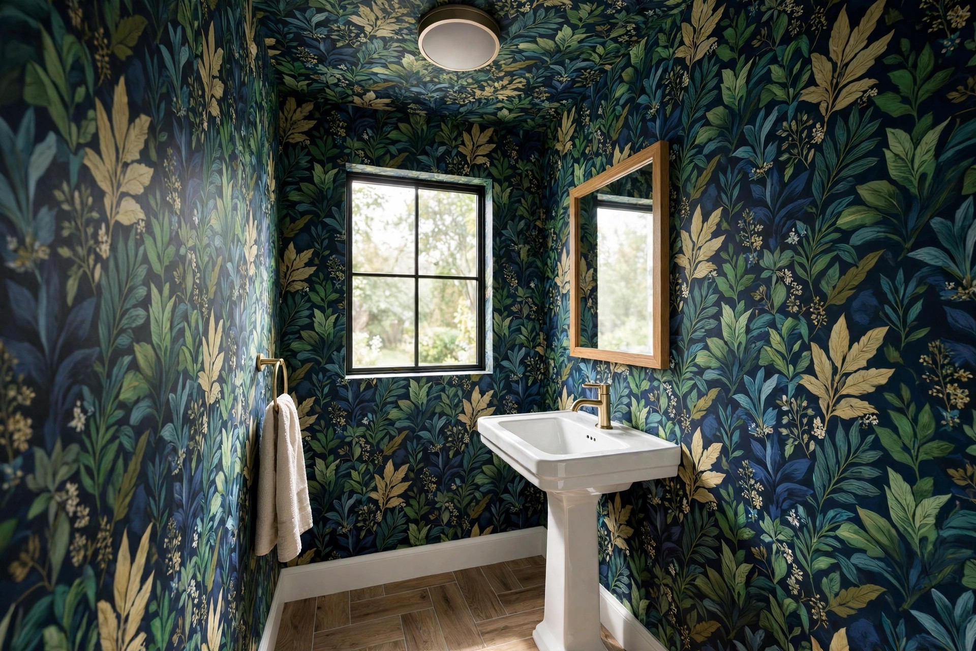Half bath with dark green and gold leaf wallpaper covering the walls and ceiling, a flush ceiling light and a white pedestal sink