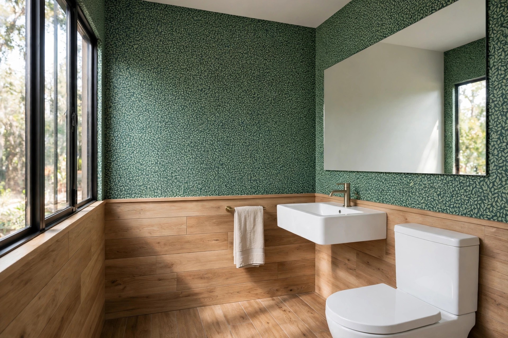 Half bath with small dense green leaf wallpaper above wood paneling, a wide frameless mirror, a white wall hung sink and a toilet