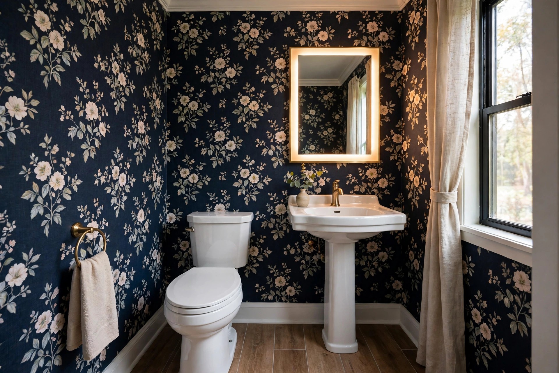 Half bath with dark navy floral wallpaper, a lit mirror, a white pedestal sink and a white toilet with a brass towel ring