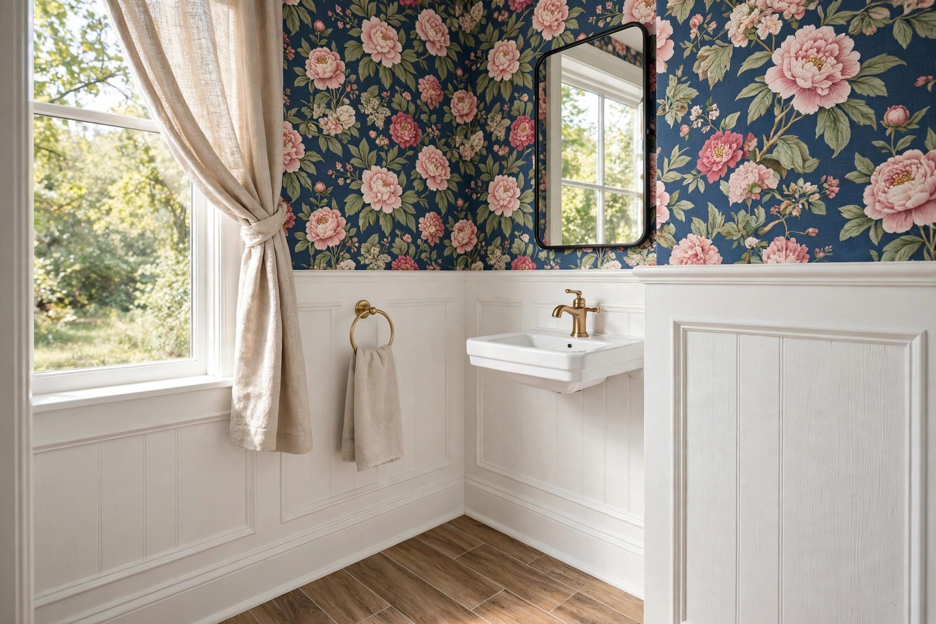 Half bath with pink floral wallpaper above white wainscot paneling, a small white wall sink, a brass faucet and a towel ring on the paneling
