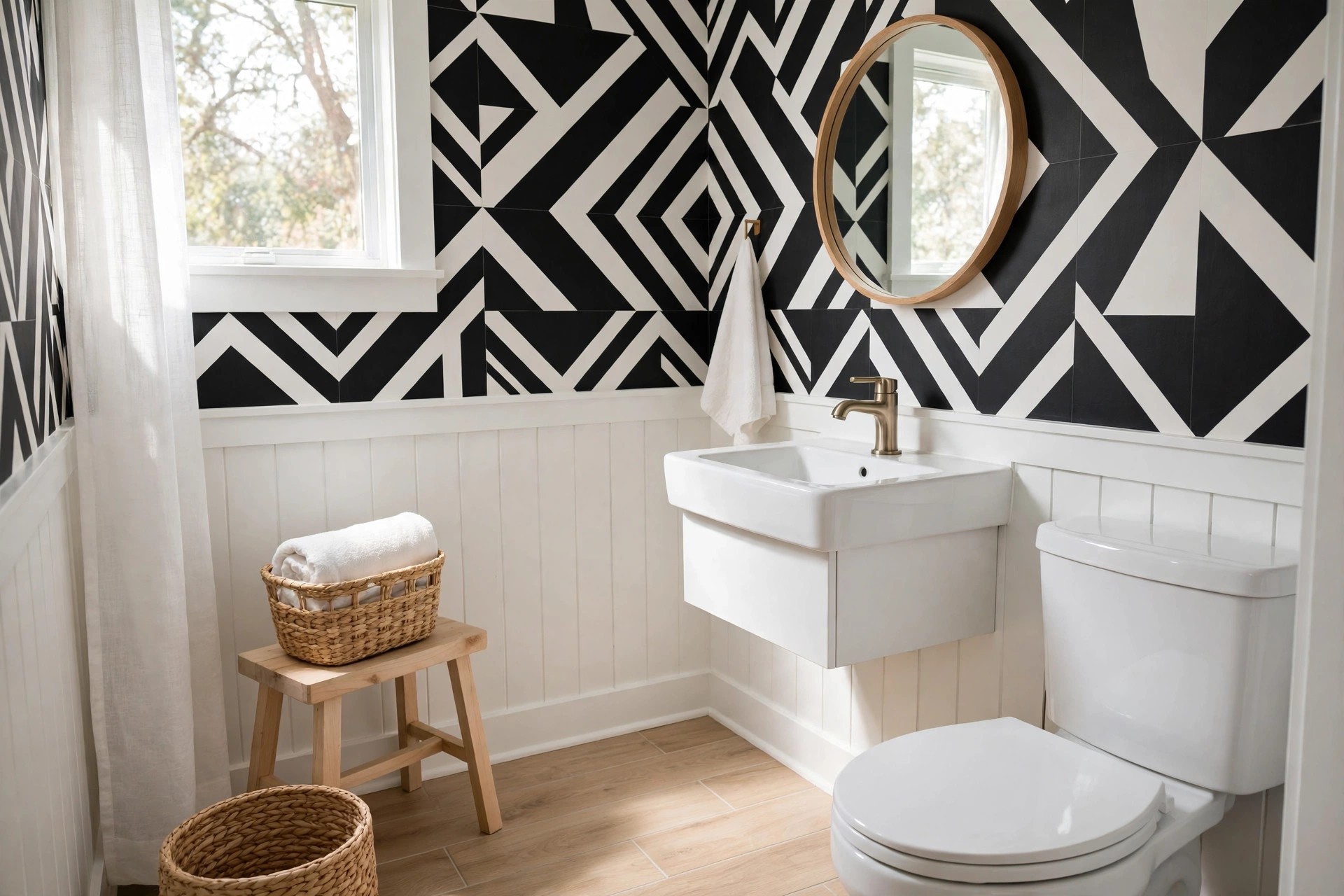 Half bath with bold black and white geometric wallpaper above white paneling, a round mirror, a white sink, a wood stool and woven baskets
