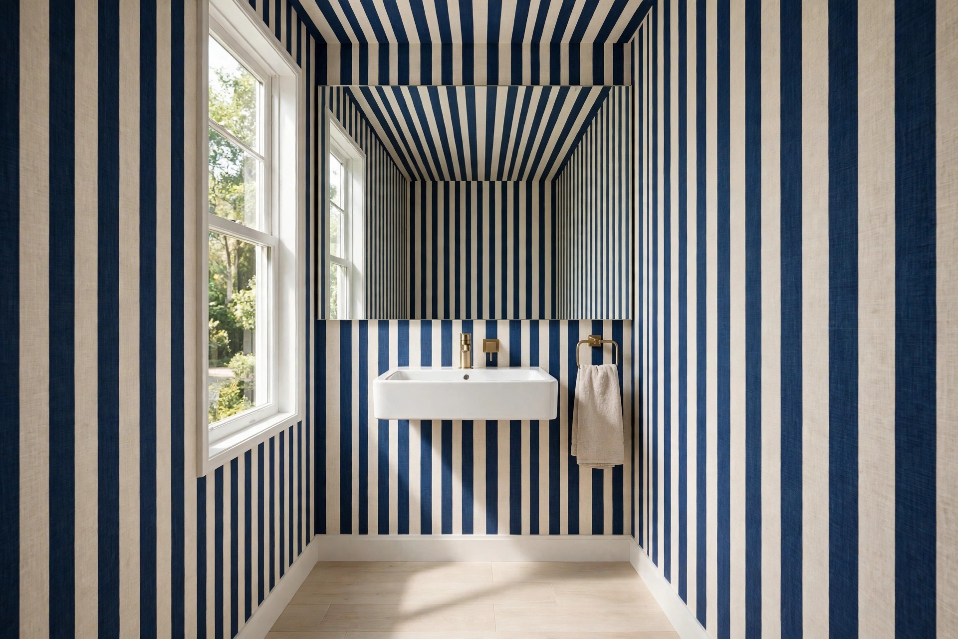 Half bath with navy and cream vertical stripe wallpaper on all walls, a large frameless mirror, a white wall hung sink and a pale floor