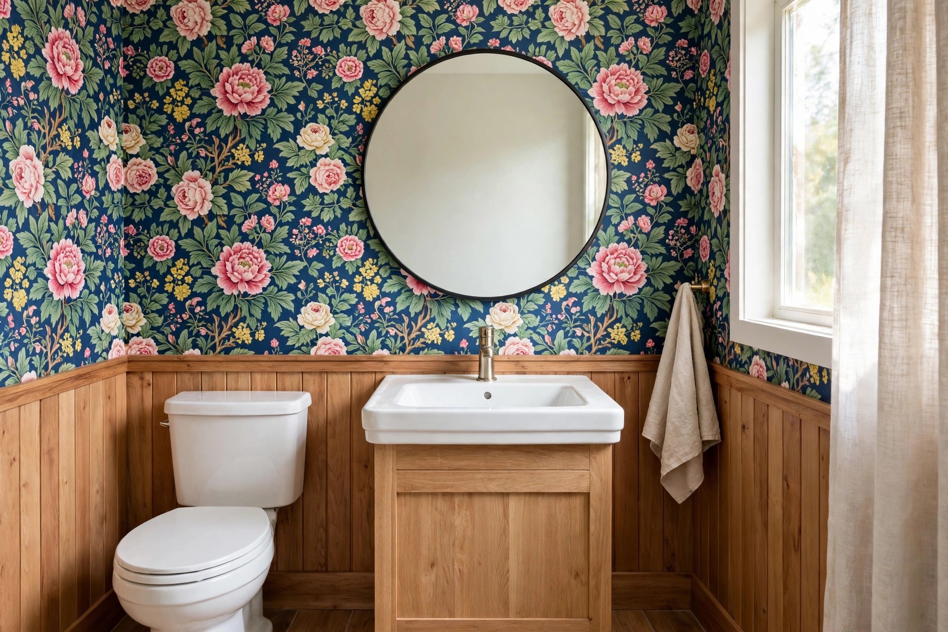 Half bath with busy pink floral wallpaper above wood paneling and a large plain round mirror over a white sink beside a toilet
