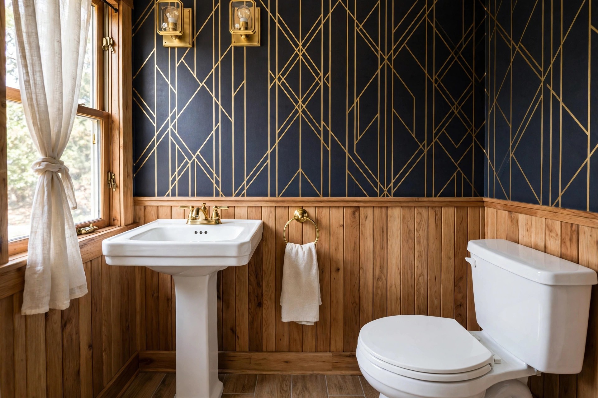 Half bath with dark wallpaper with gold geometric lines, a brass faucet, a brass towel ring and brass wall lights above wood paneling