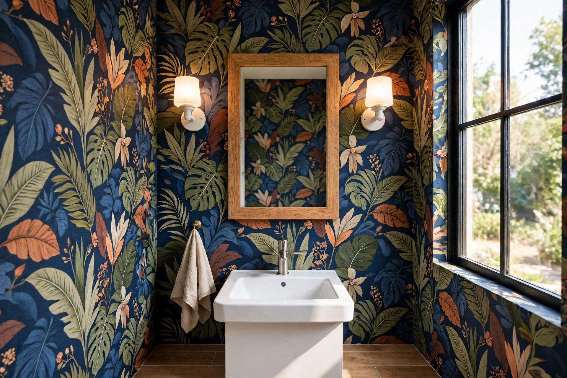 Half bath with bold tropical leaf wallpaper and two lit white sconces on either side of a wood framed mirror over a white sink