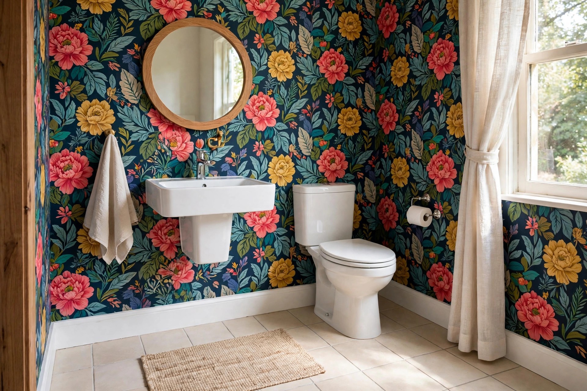 Half bath with bold pink and yellow floral wallpaper, a round mirror, a white sink and toilet and a plain pale tile floor with a woven mat