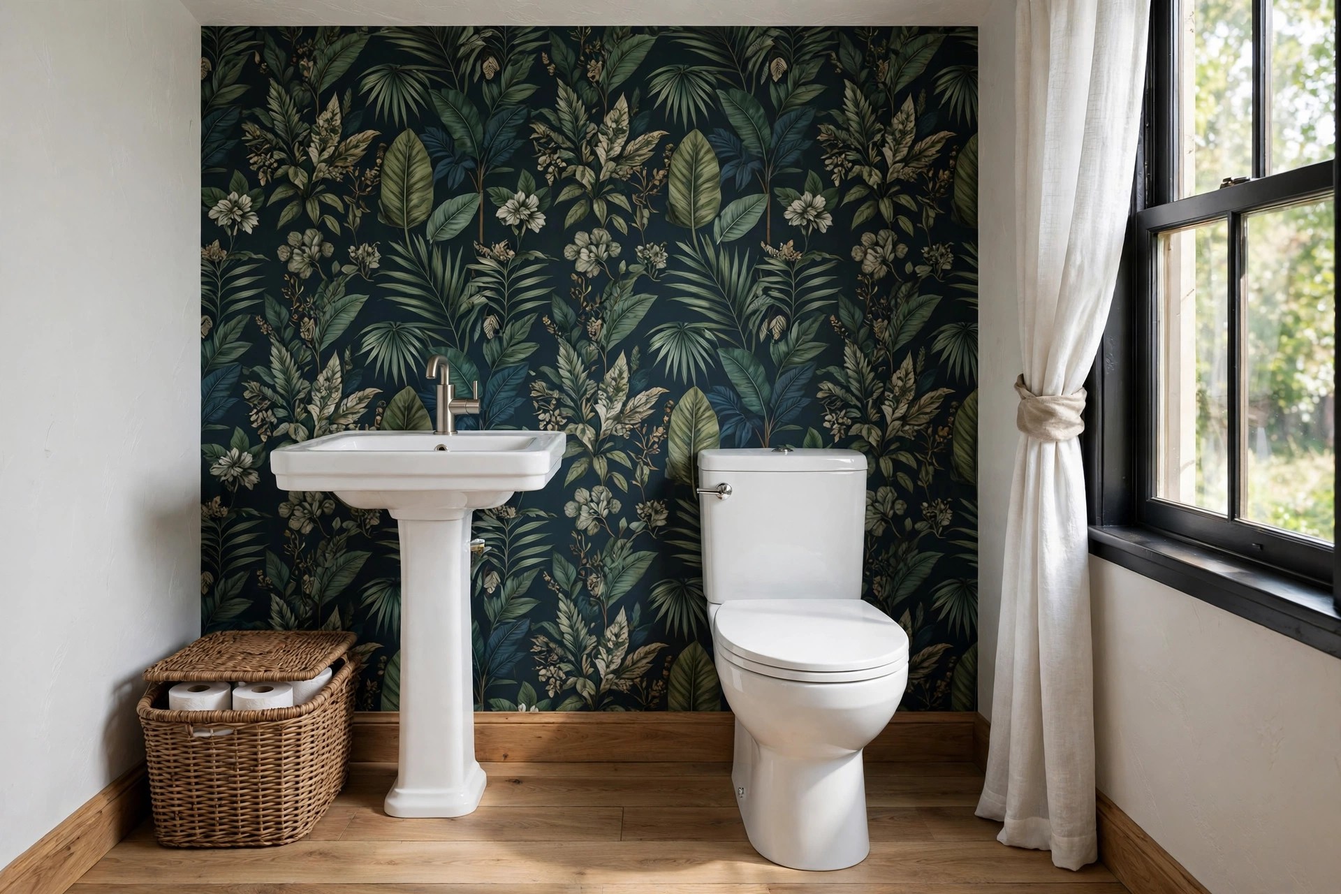 Half bath with a slim white pedestal sink and a toilet against a dark green leaf wallpaper wall, with a closed woven basket of spare rolls