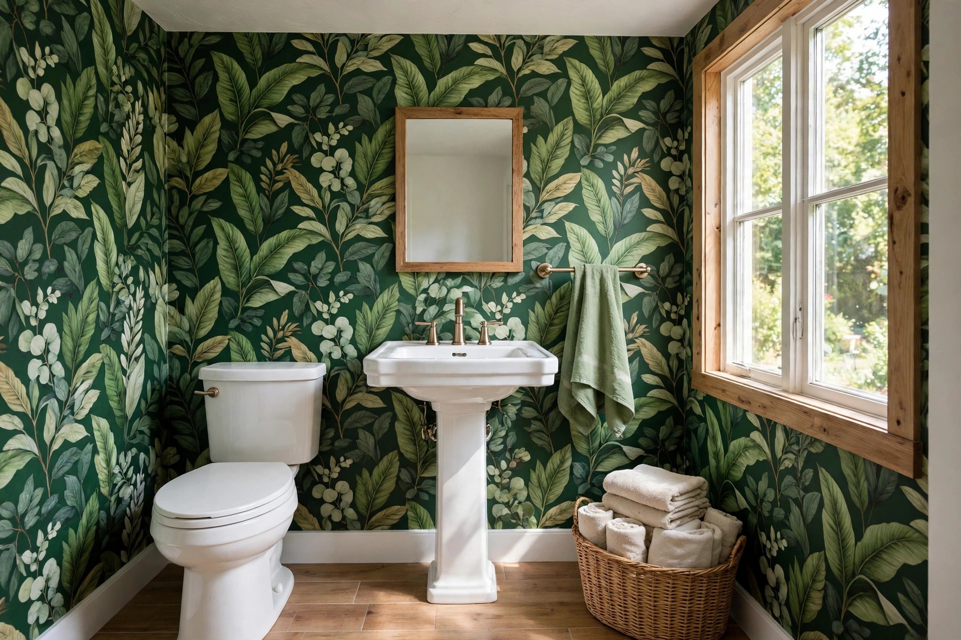 Half bath with green leaf wallpaper, a white pedestal sink, a plain pale green towel on a rail and a basket of folded towels