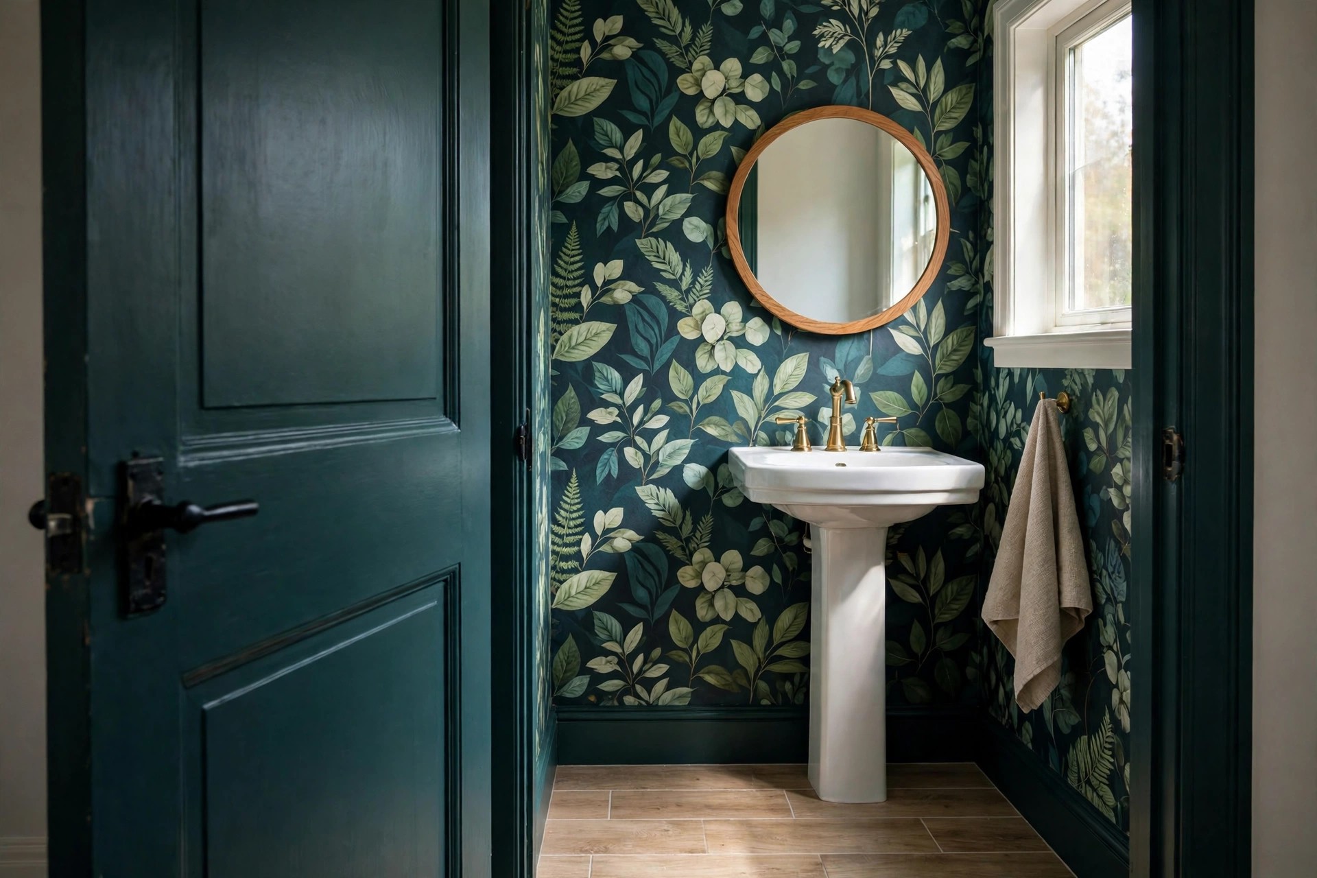 Half bath seen through a deep green painted door and trim that match the dark leaf wallpaper ground, with a round mirror and white pedestal sink