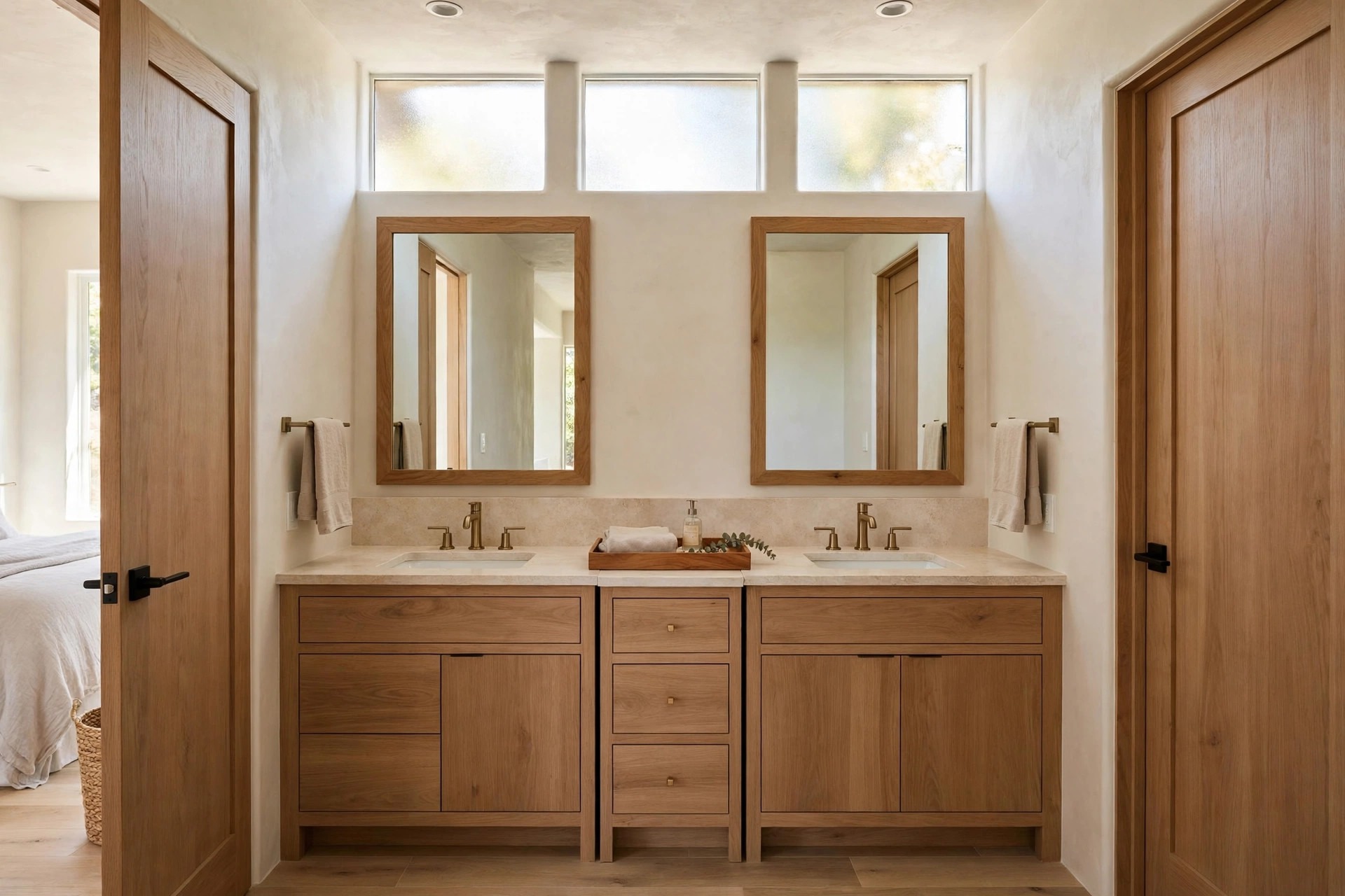 Wood double vanity split by a narrow center drawer stack and a wood tray, with two mirrors and a door on each side