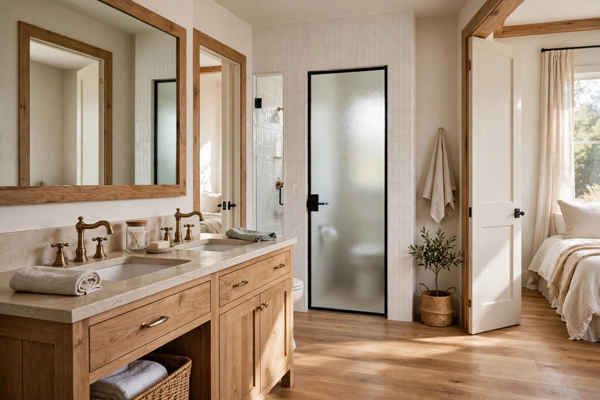 Double vanity in front of a frosted inner door closing off the toilet and shower zone, with a bedroom door open on the right