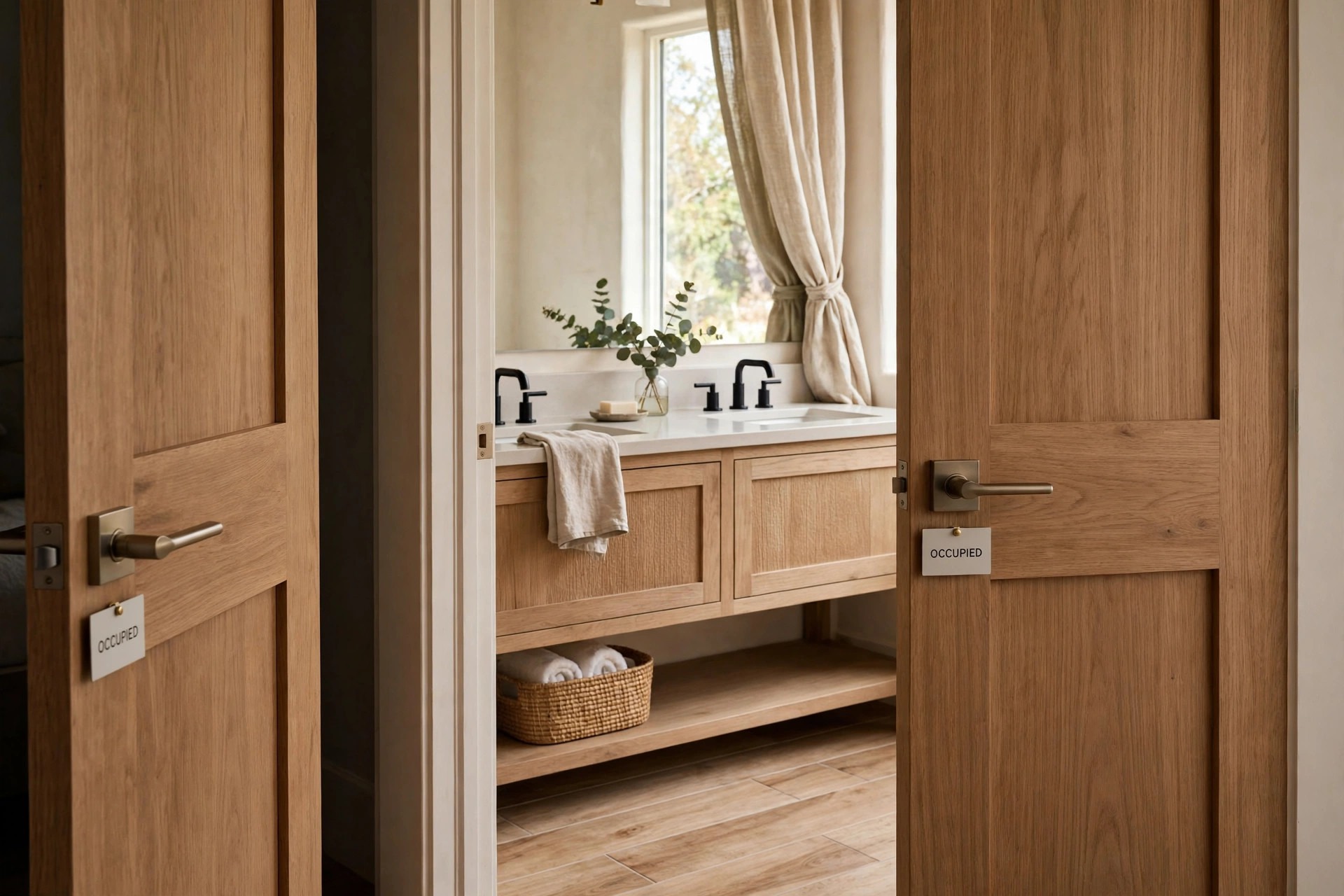 Two wood bedroom doors with lever handles and small occupied signs framing a double vanity with a window
