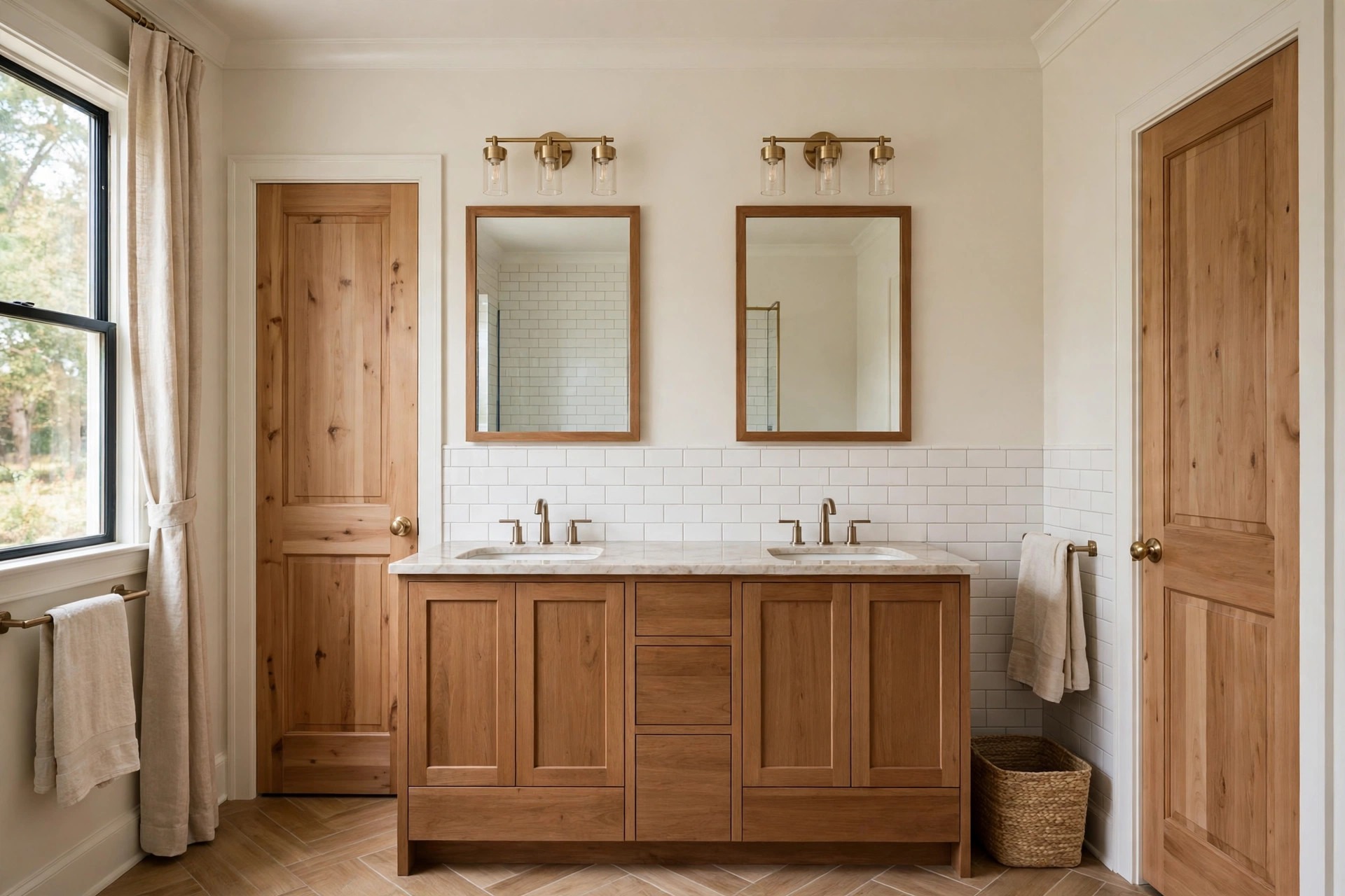 Two wood framed mirrors each with its own brass light over a wood double vanity between two wood doors